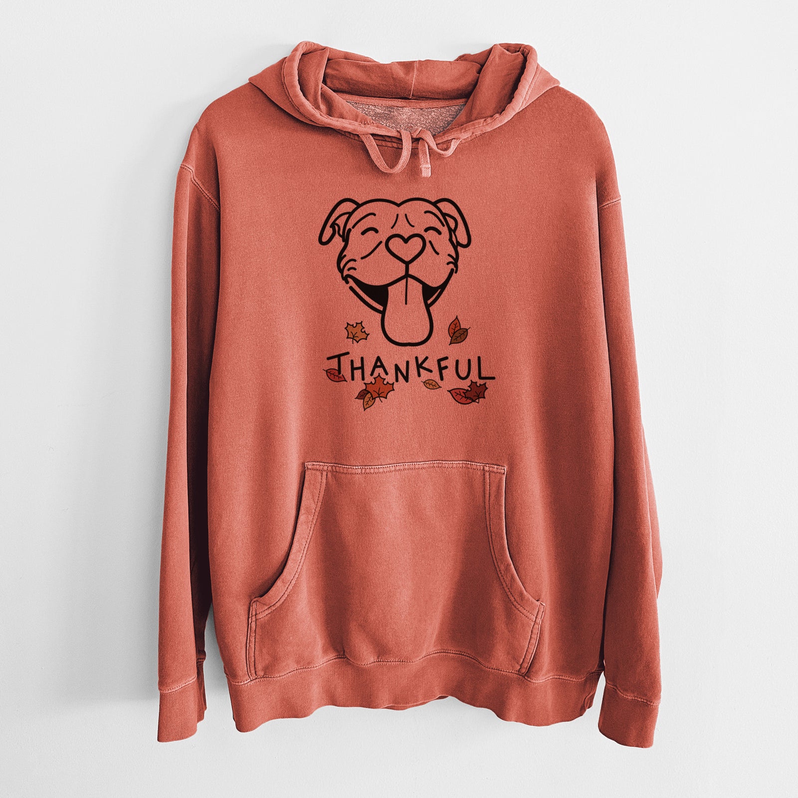 Minimalist line drawing of Louie the Pitbull with 'Thankful' lettering on an Amber Unisex pigment dyed hoodie