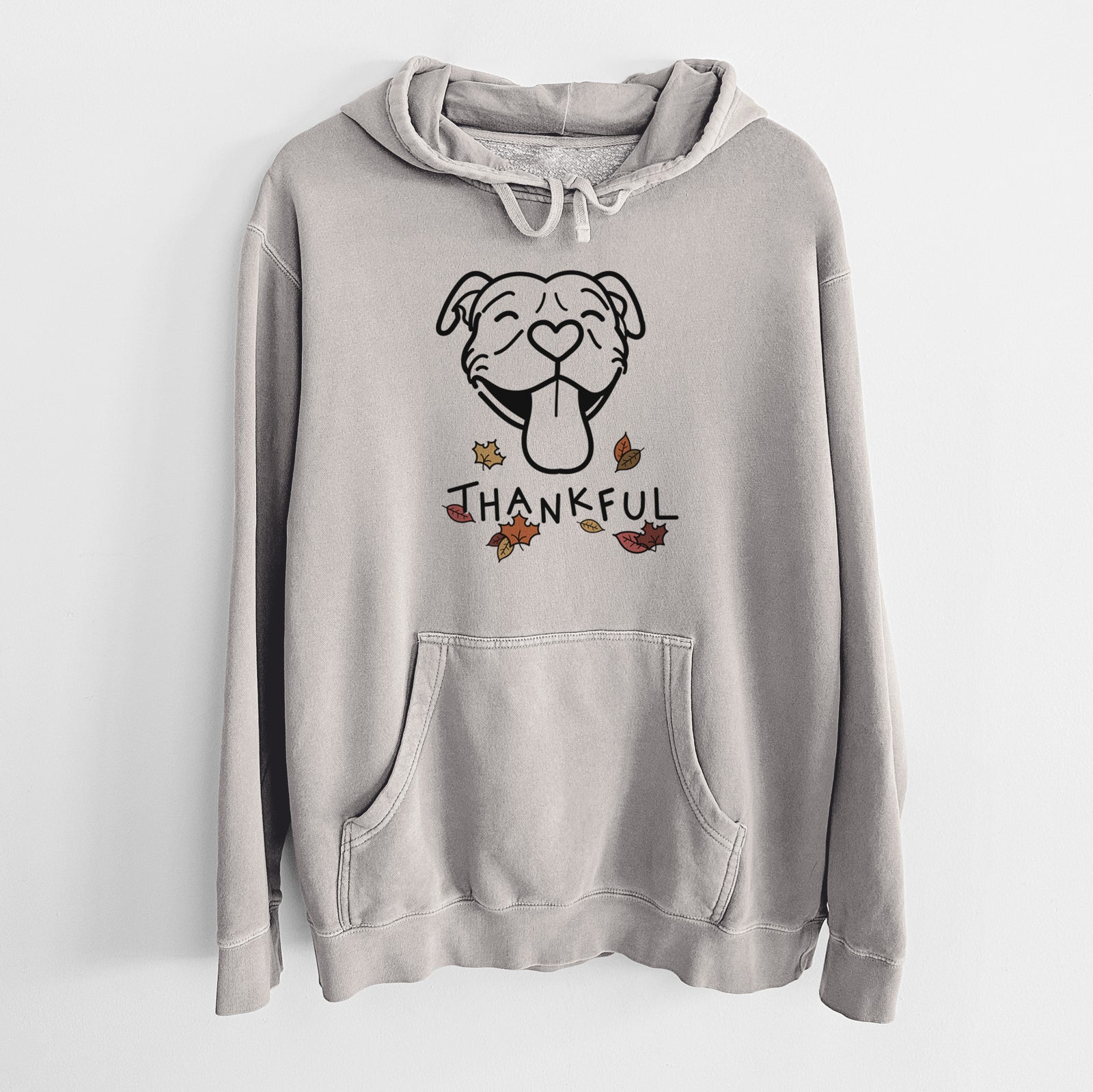 Minimalist line drawing of Louie the Pitbull with 'Thankful' lettering on a Cement Unisex pigment dyed hoodie