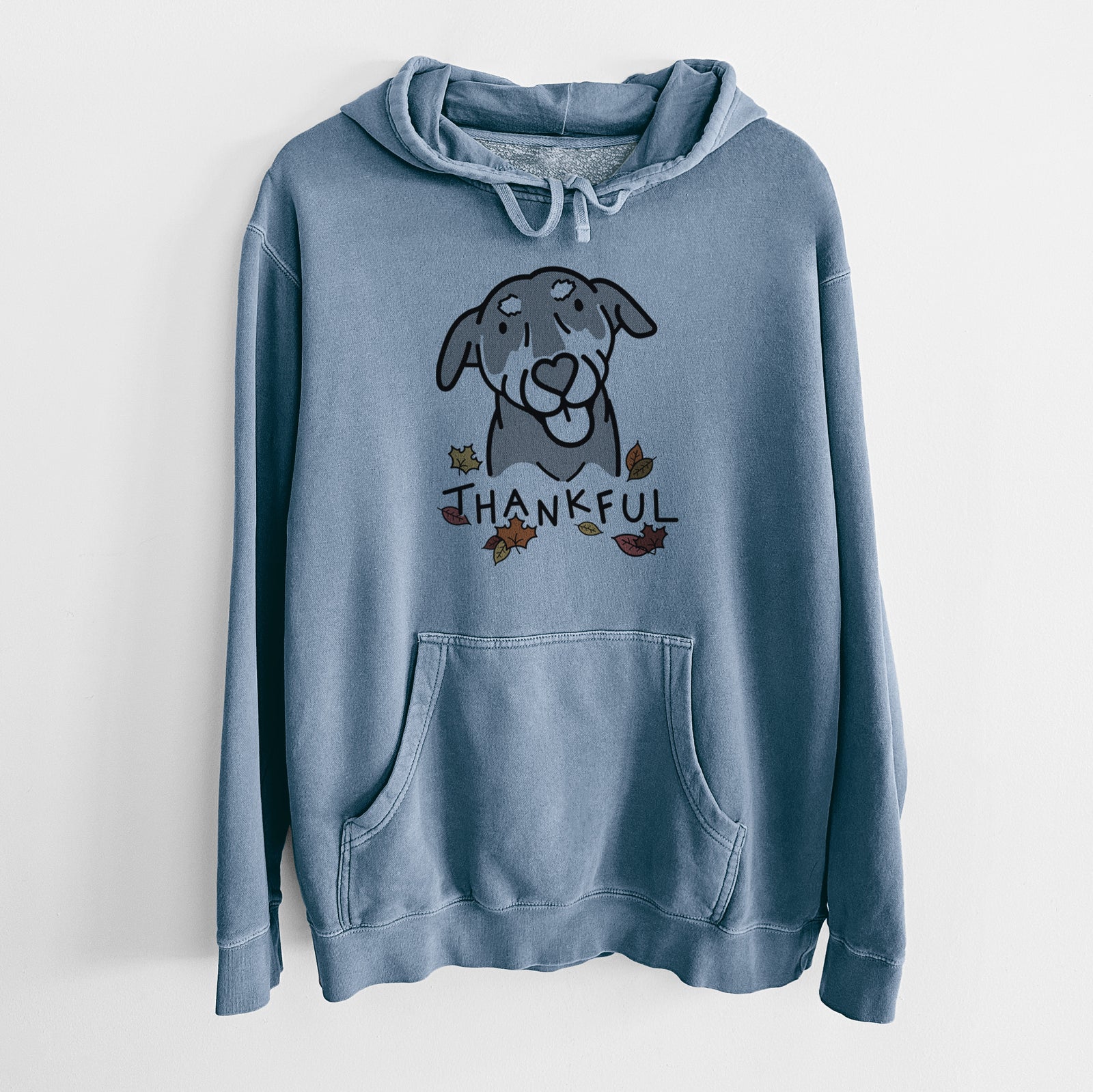 Minimalist line drawing of Lousia the Mixed Breed with 'Thankful' lettering on a Slate Blue Unisex pigment dyed hoodie