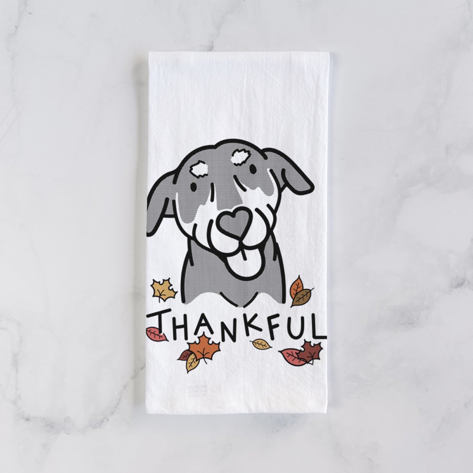 Minimalist line drawing of Lousia the Mixed Breed with 'Thankful' lettering on a tea towel