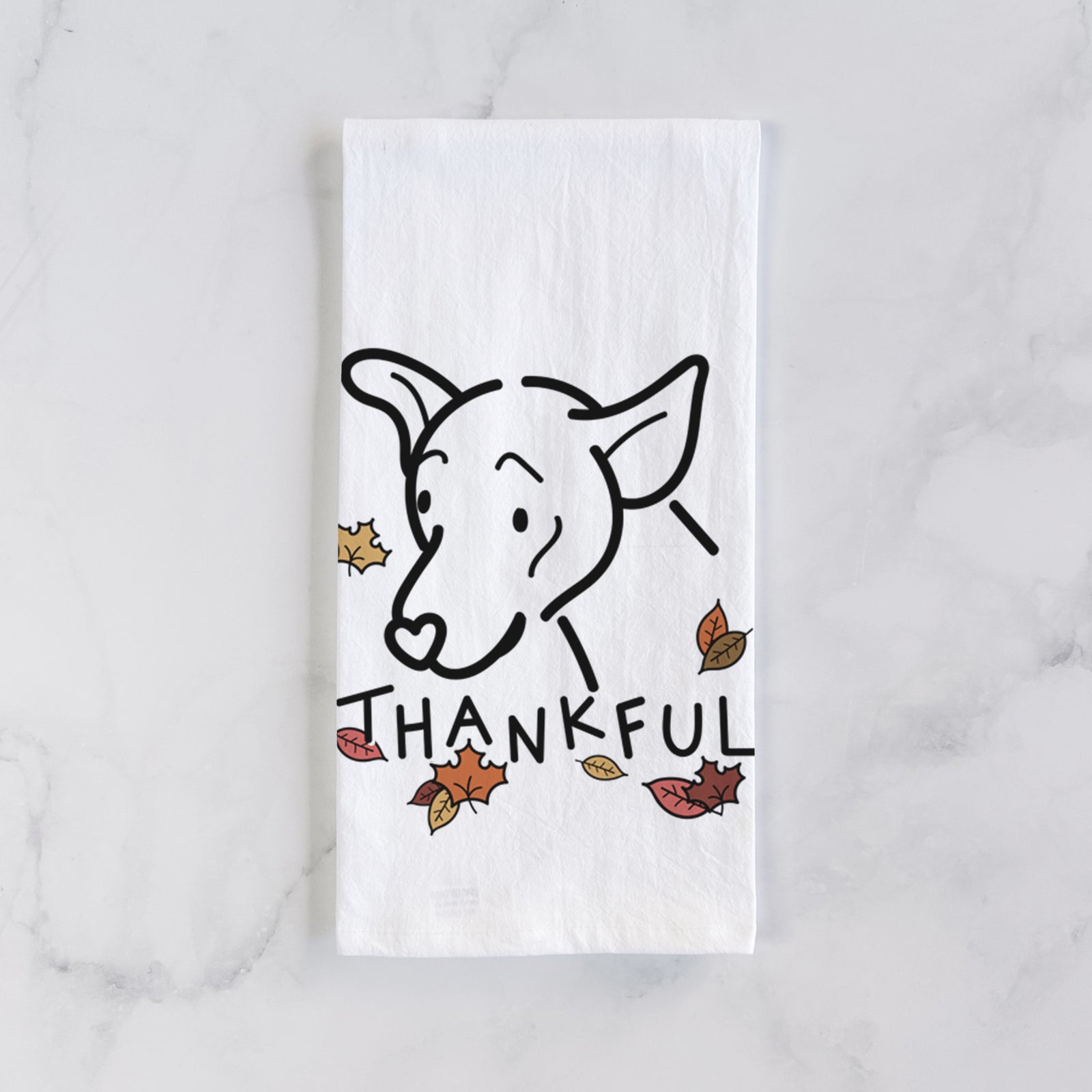 Minimalist line drawing of Lucky the Mixed Breed with 'Thankful' lettering on a tea towel