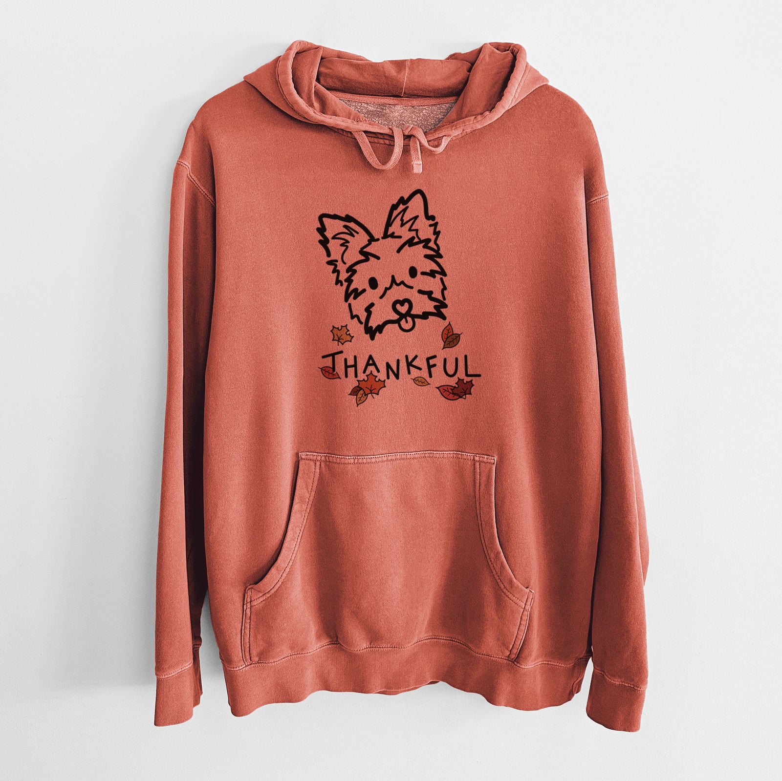Minimalist line drawing of Luna the Yorkshire Terrier with 'Thankful' lettering on an Amber Unisex pigment dyed hoodie