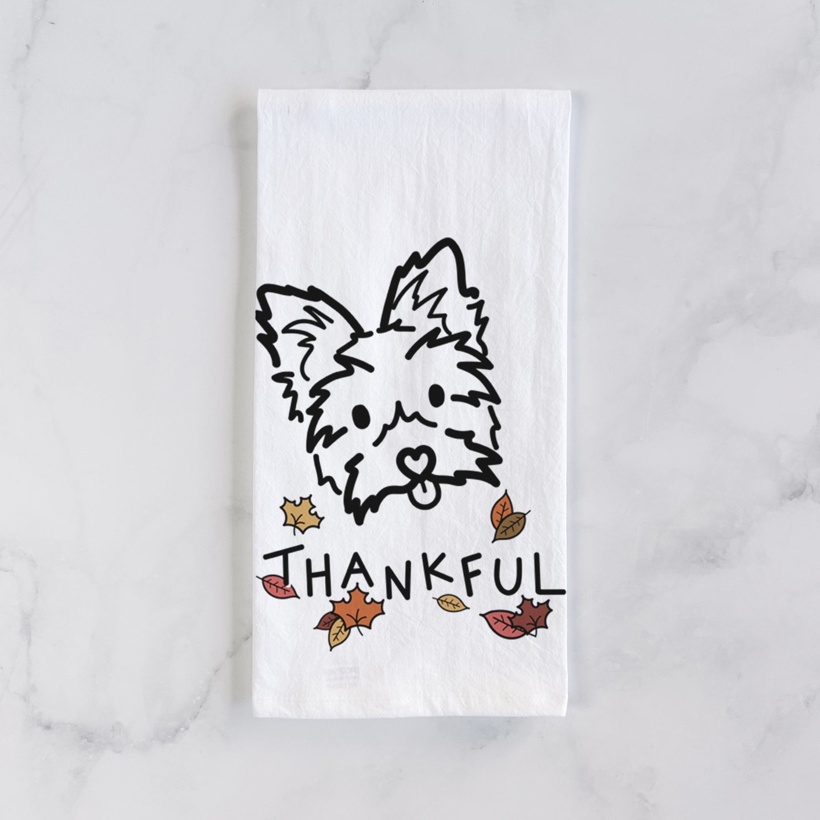 Minimalist line drawing of Luna the Yorkshire Terrier with 'Thankful' lettering on a tea towel