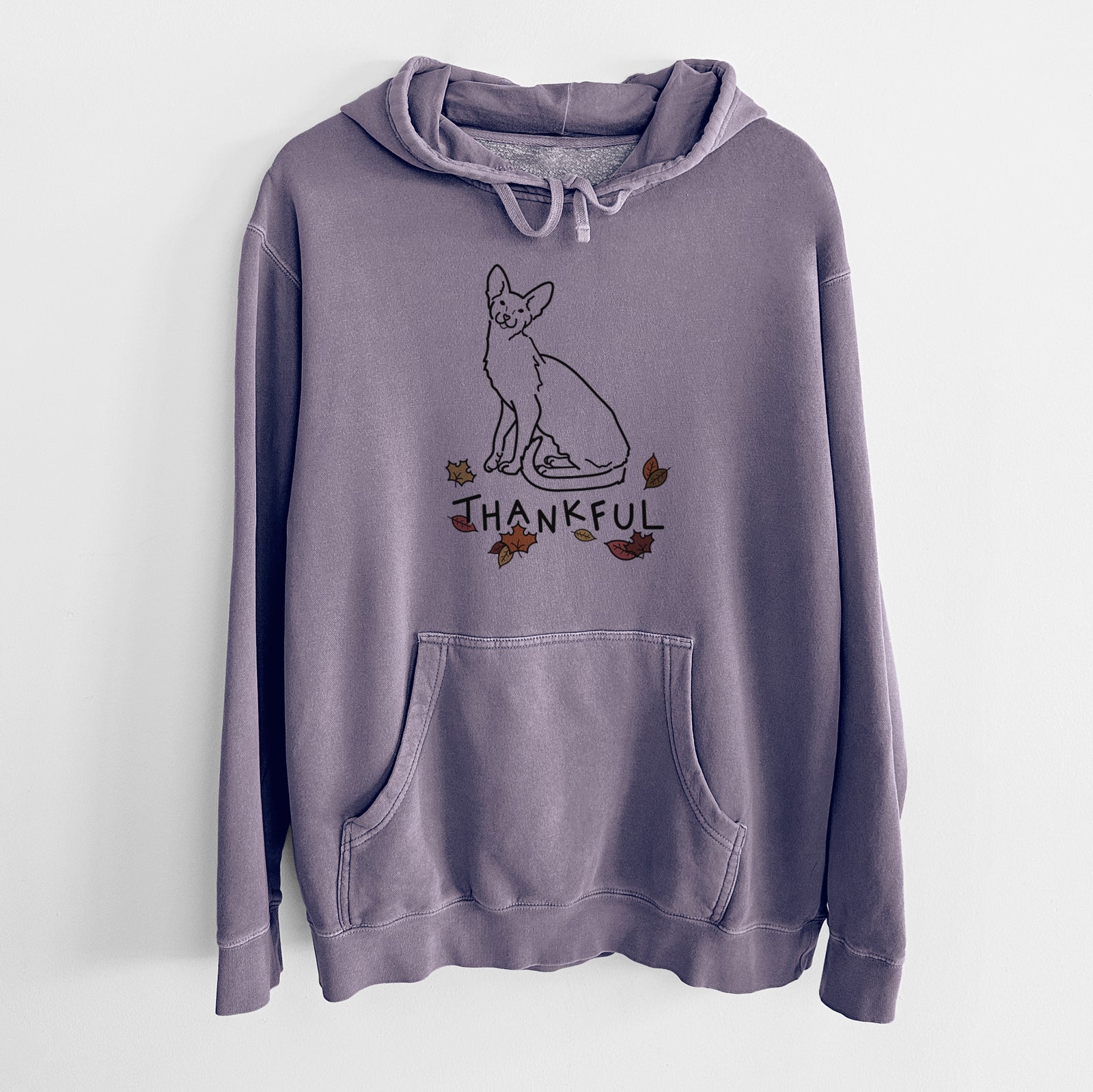 Minimalist line drawing of Lyra the Oriental Shorthair Cat with 'Thankful' lettering on a Plum Unisex pigment dyed hoodie
