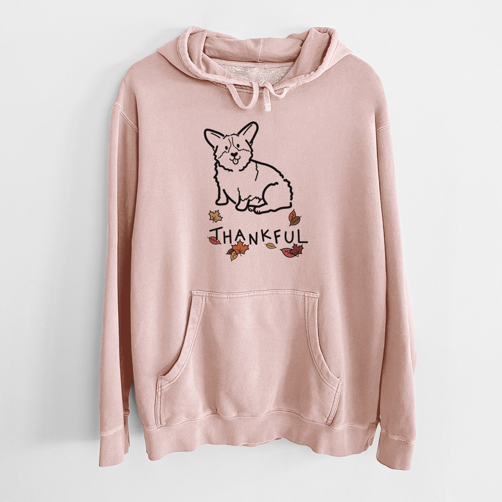 Minimalist line drawing of Millie the Pembroke Welsh Corgi with 'Thankful' lettering on a Dusty Pink Unisex pigment dyed hoodie