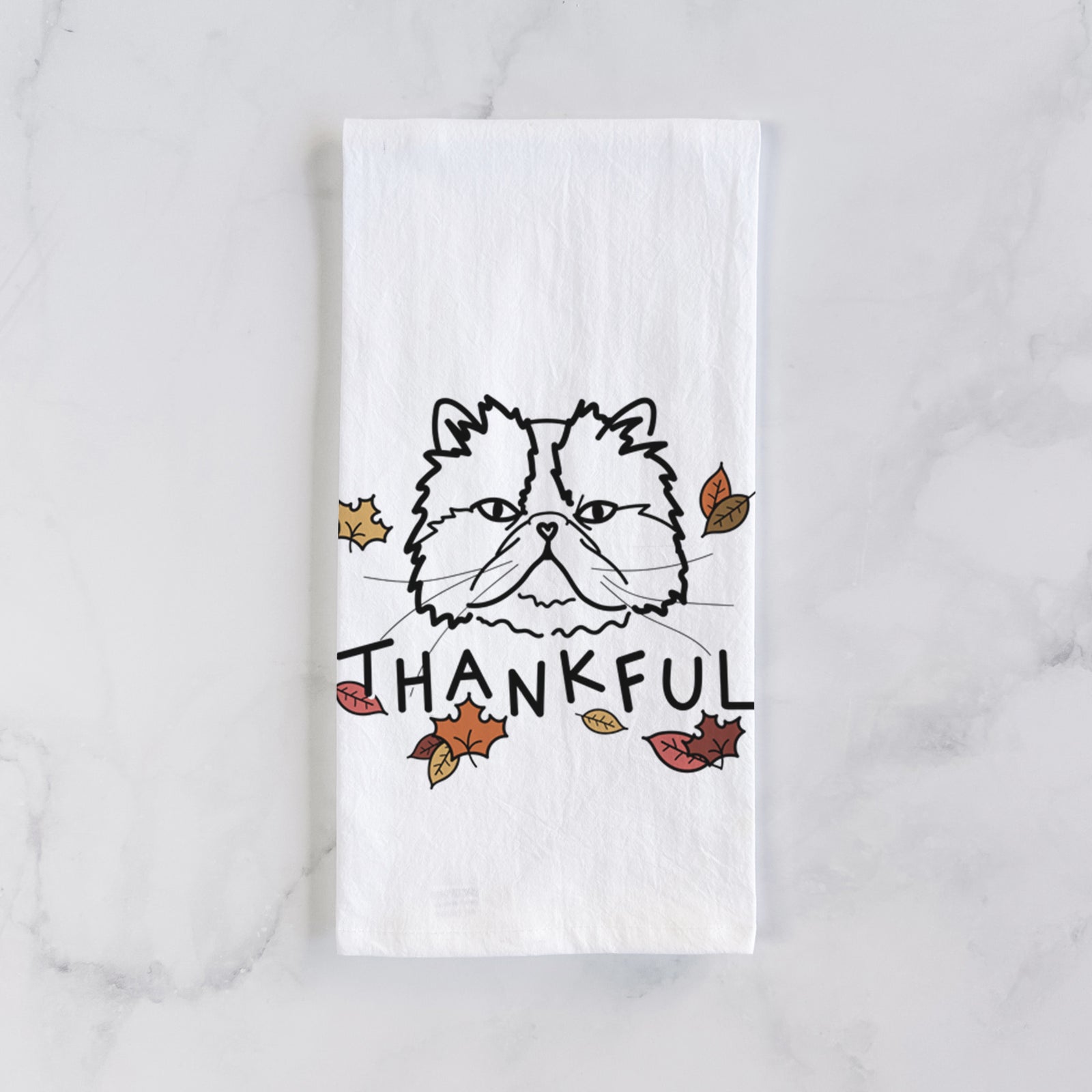 Minimalist line drawing of Mila the Persian Cat with 'Thankful' lettering on a tea towel