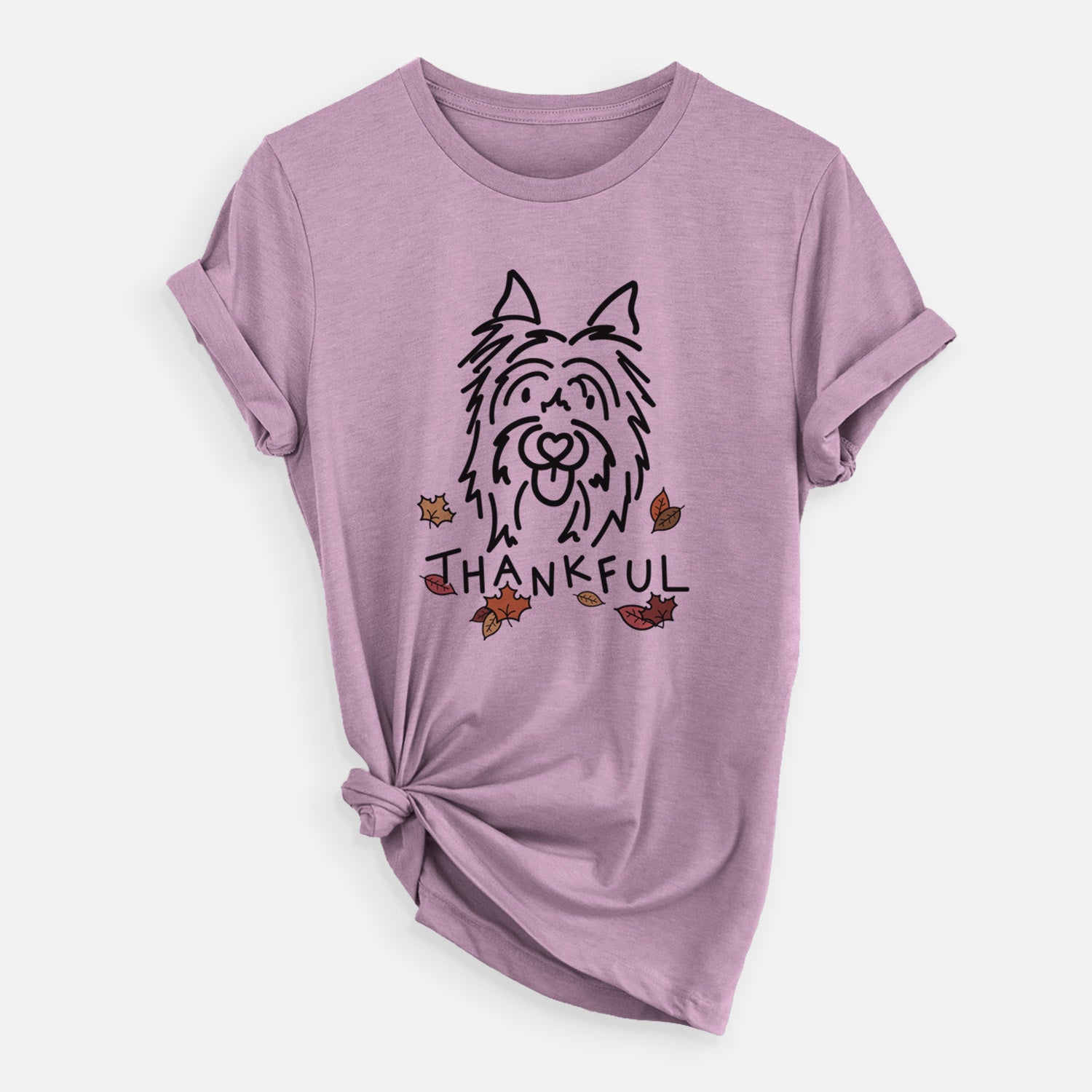 Minimalist line drawing of Monty the Silky Terrier with 'Thankful' lettering on an Orchid Unisex crewneck, worn by a woman