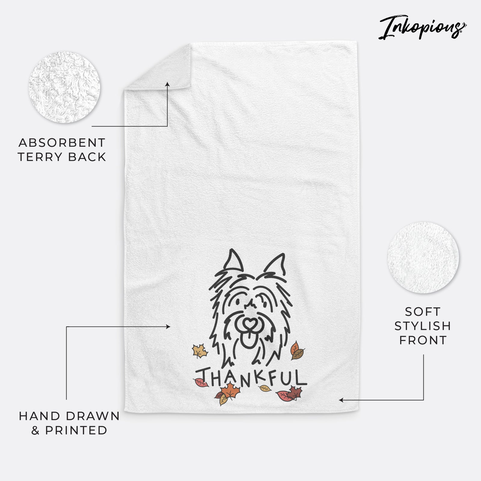 Minimalist line drawing of Monty the Silky Terrier with 'Thankful' lettering on a hand towel