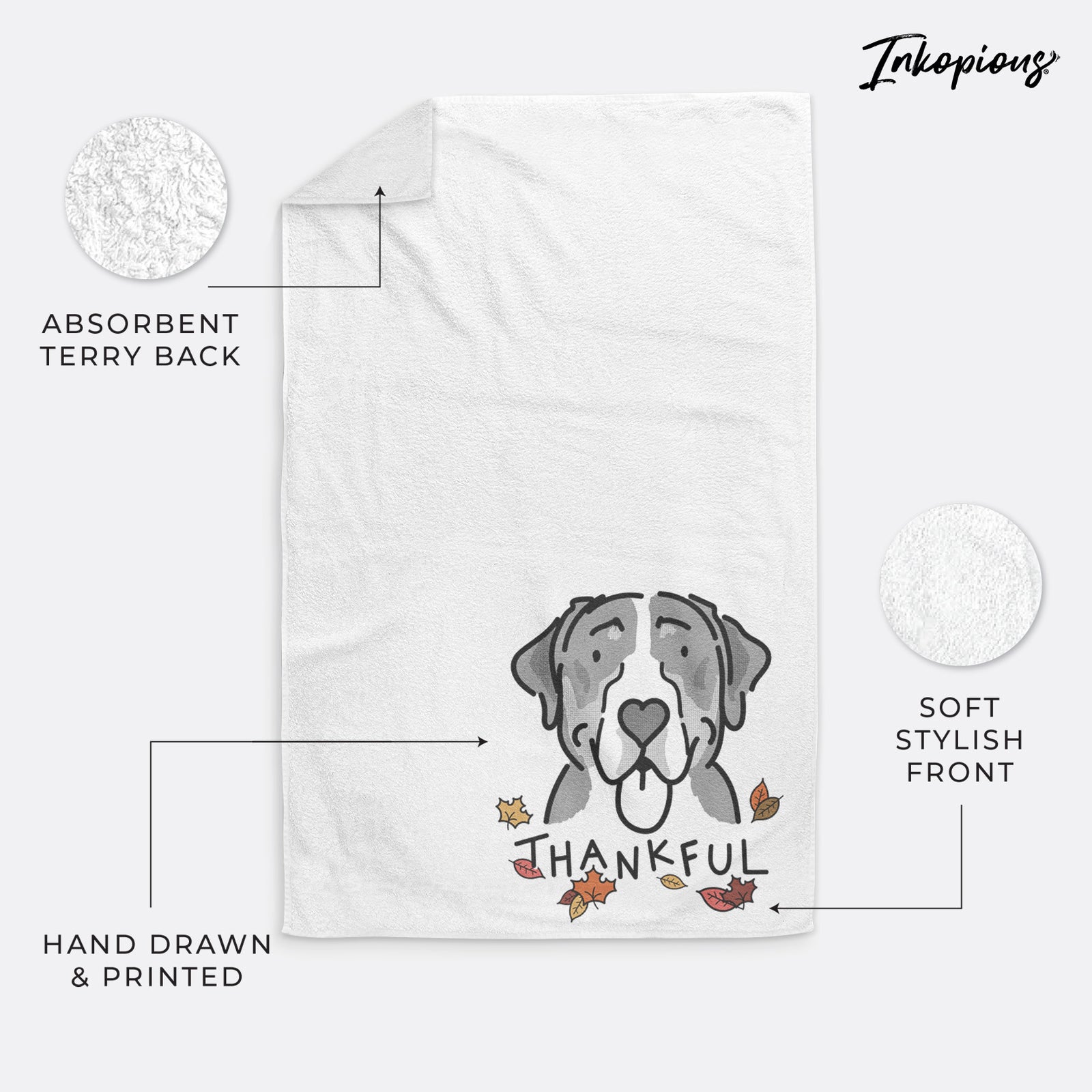 Minimalist line drawing of Moose the Greater Swiss Mountain Dog with 'Thankful' lettering on a hand towel