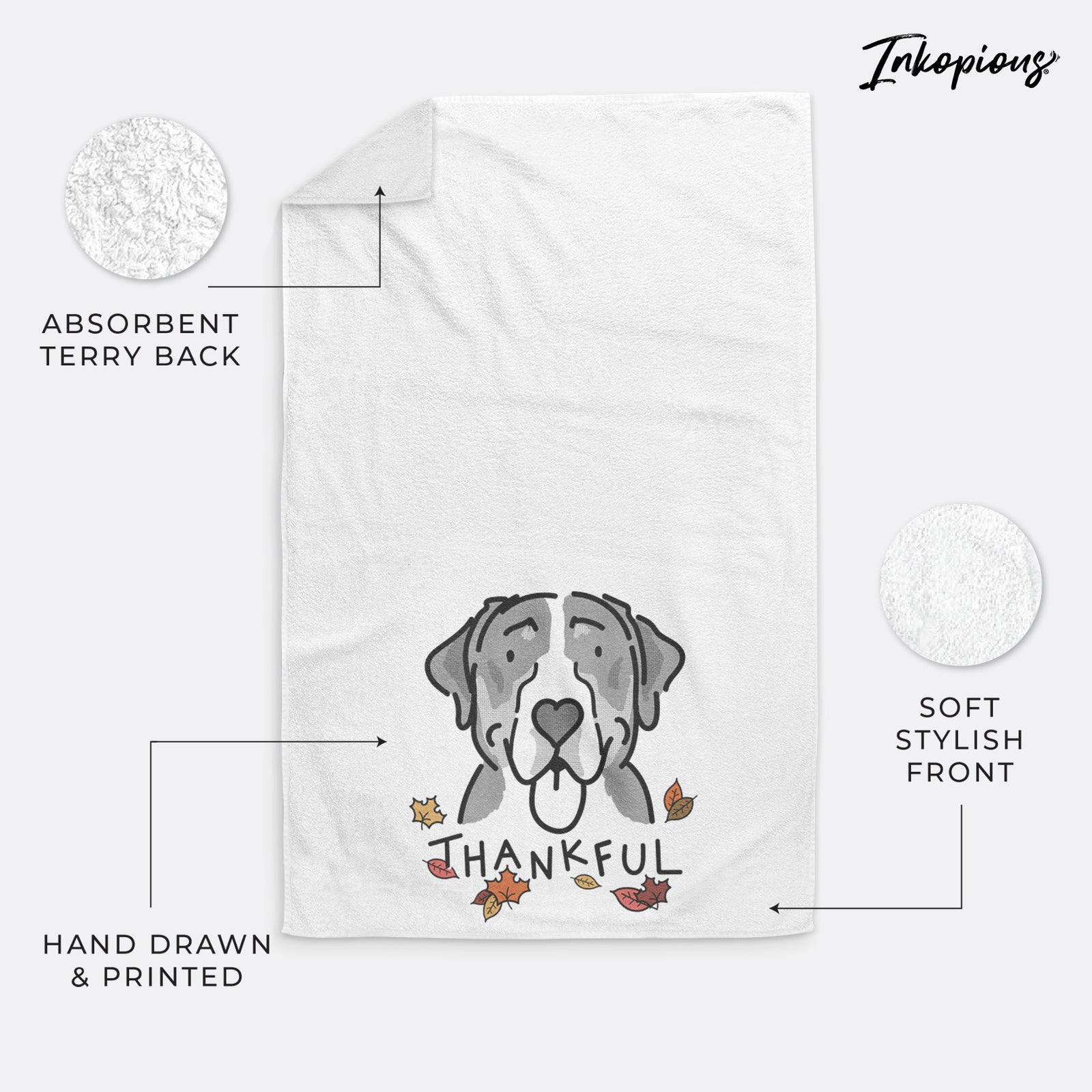 Minimalist line drawing of Moose the Greater Swiss Mountain Dog with 'Thankful' lettering on a hand towel