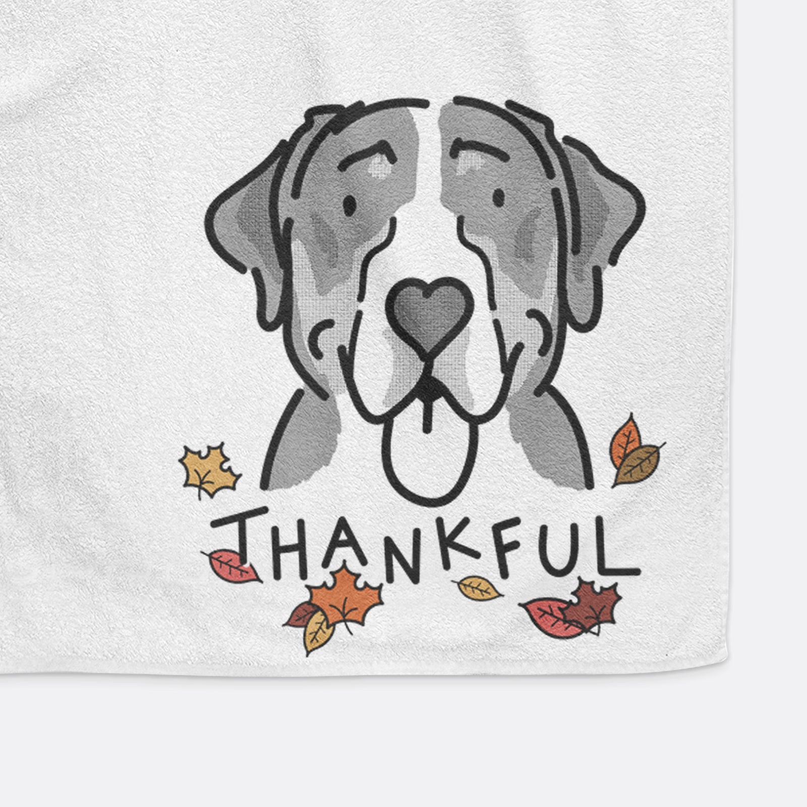 Minimalist line drawing of Moose the Greater Swiss Mountain Dog with 'Thankful' lettering on a hand towel