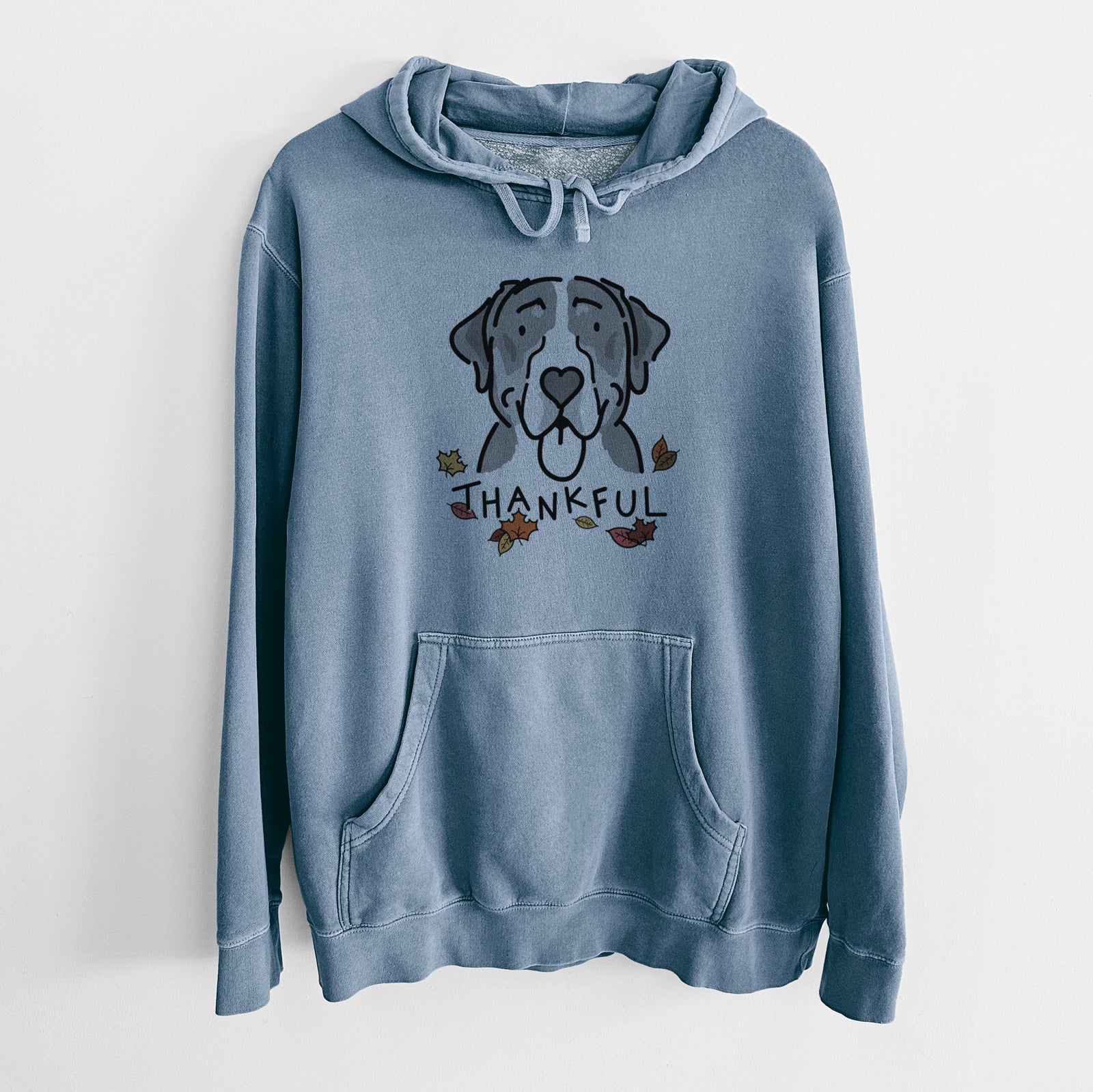 Minimalist line drawing of Moose the Greater Swiss Mountain Dog with 'Thankful' lettering on a Slate Blue Unisex pigment dyed hoodie