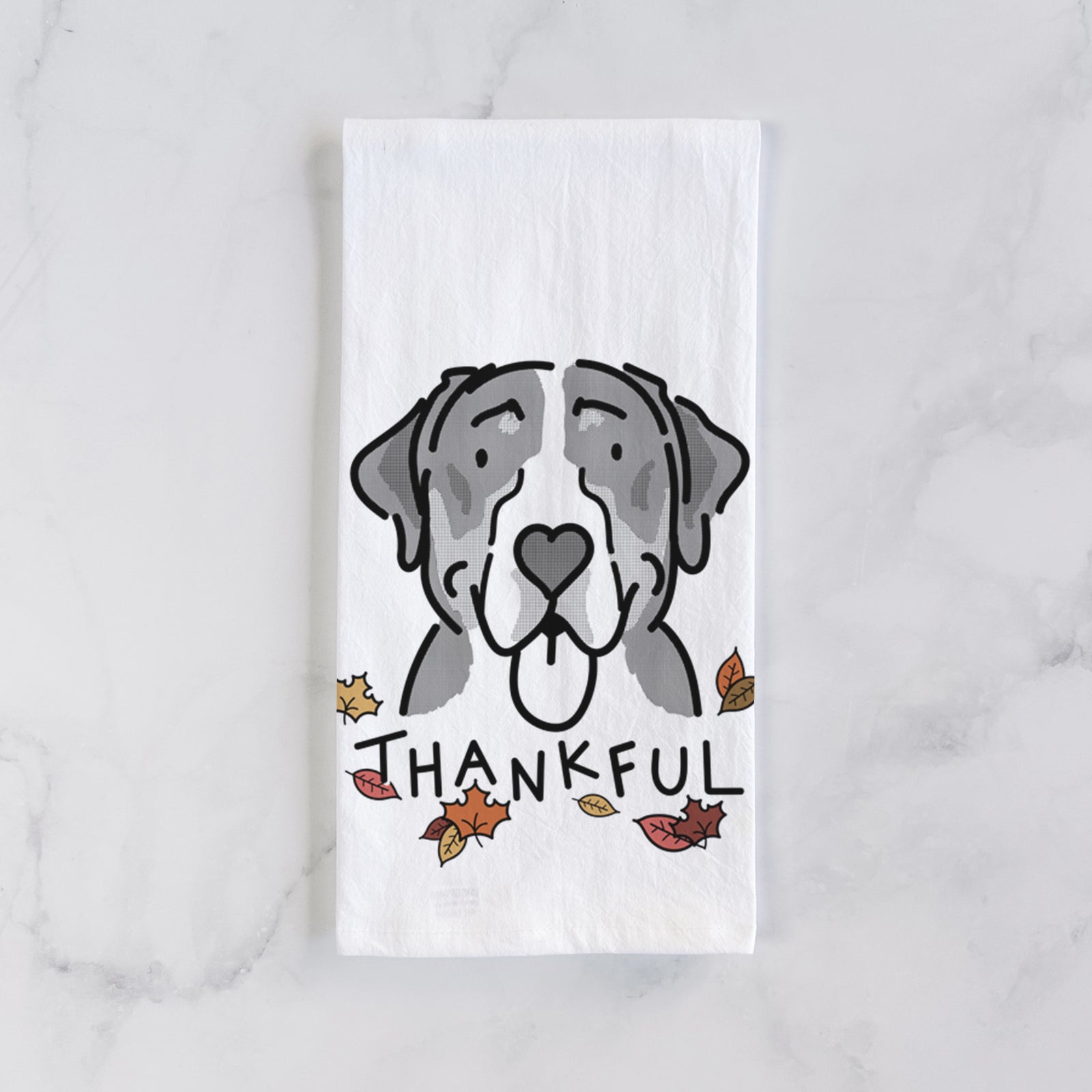 Minimalist line drawing of Moose the Greater Swiss Mountain Dog with 'Thankful' lettering on a tea towel