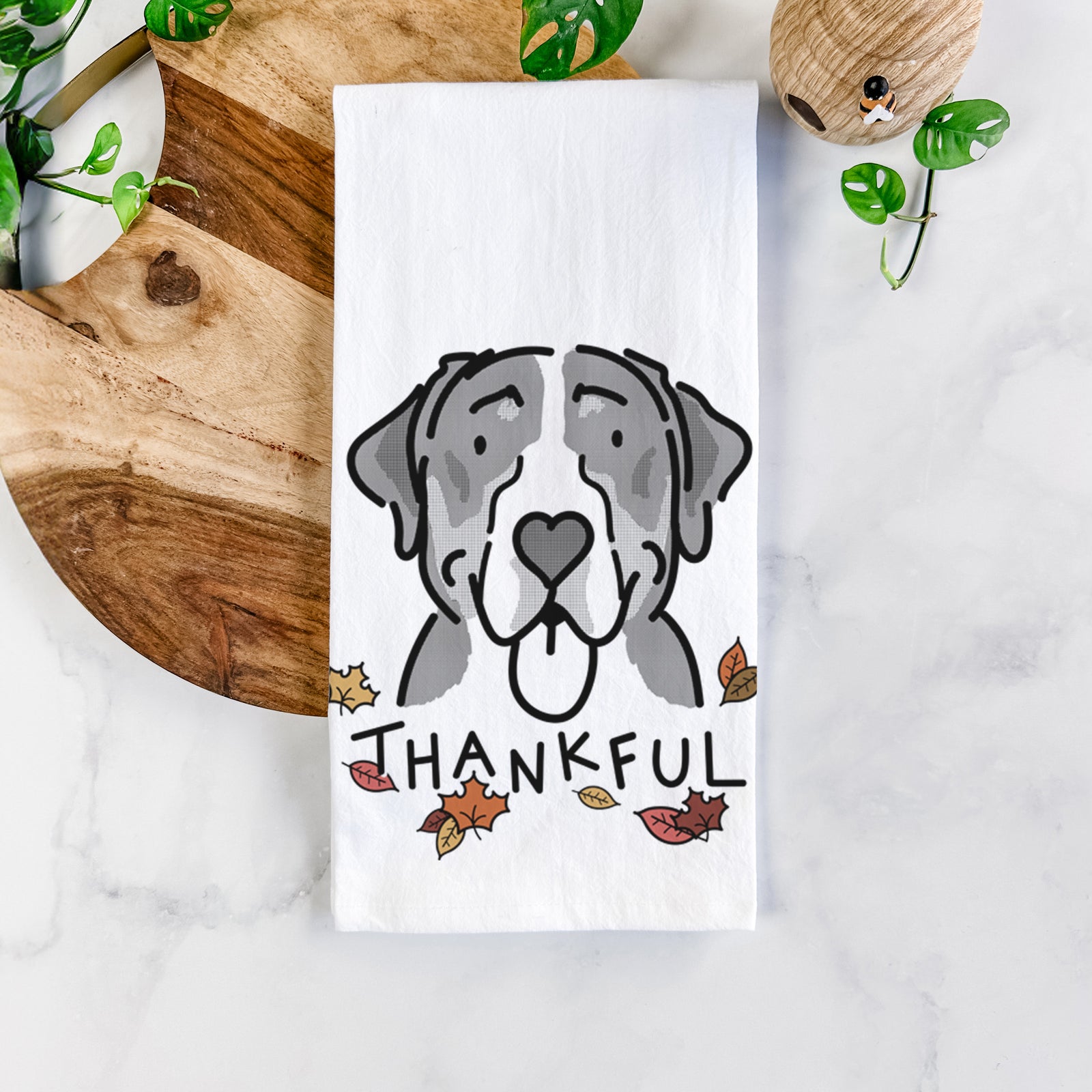 Minimalist line drawing of Moose the Greater Swiss Mountain Dog with 'Thankful' lettering on a tea towel