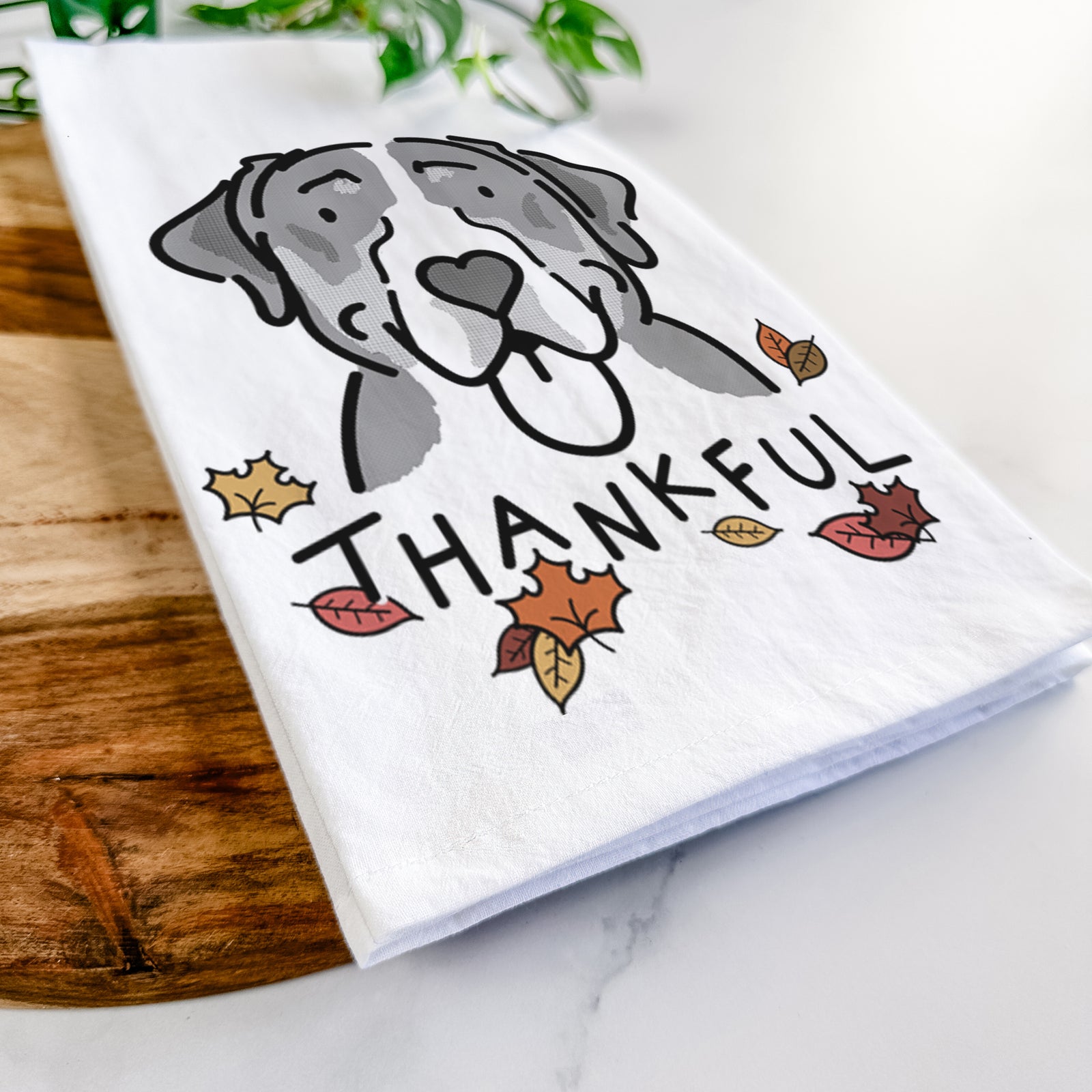 Minimalist line drawing of Moose the Greater Swiss Mountain Dog with 'Thankful' lettering on a tea towel