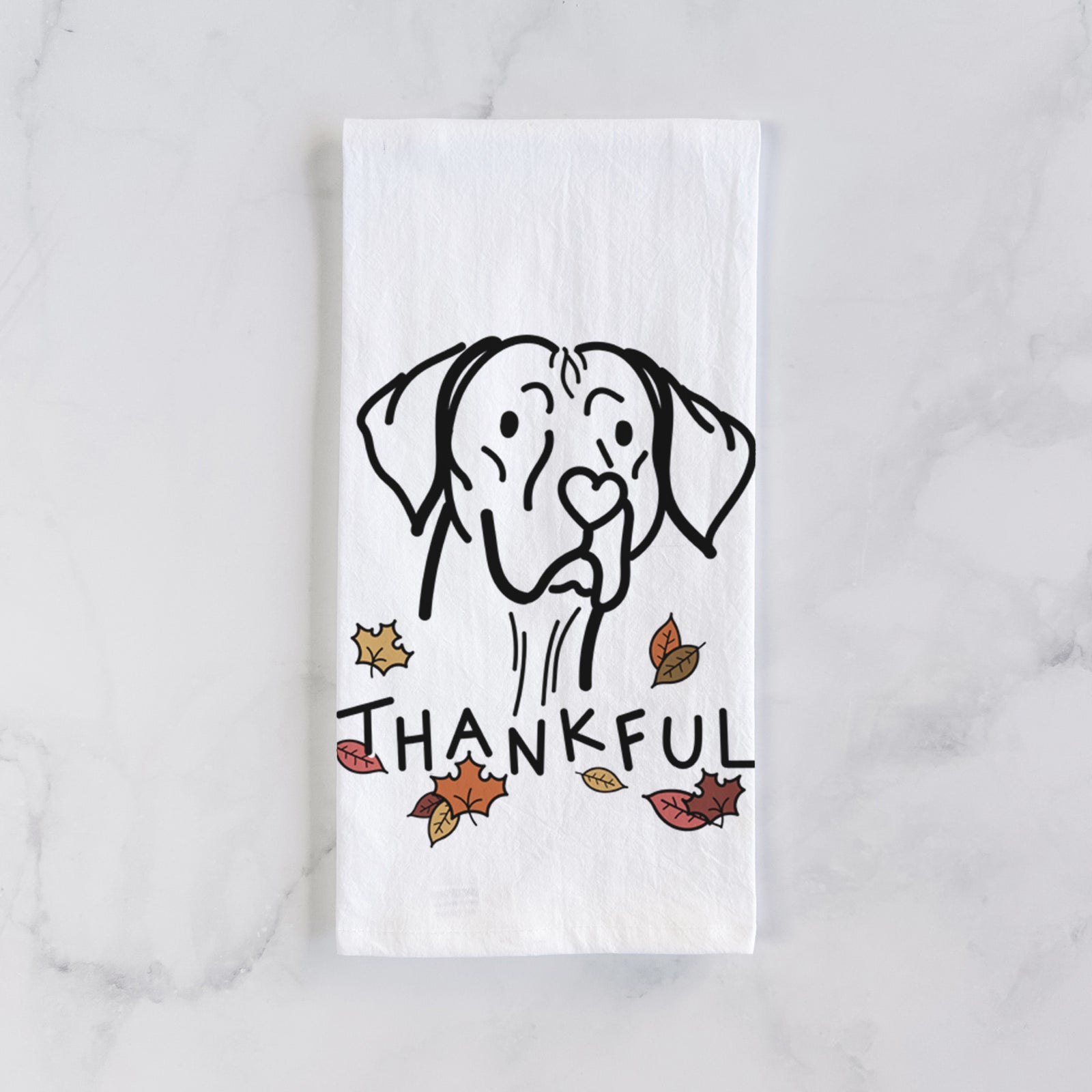 Minimalist line drawing of Moose the Vizsla with 'Thankful' lettering on a tea towel