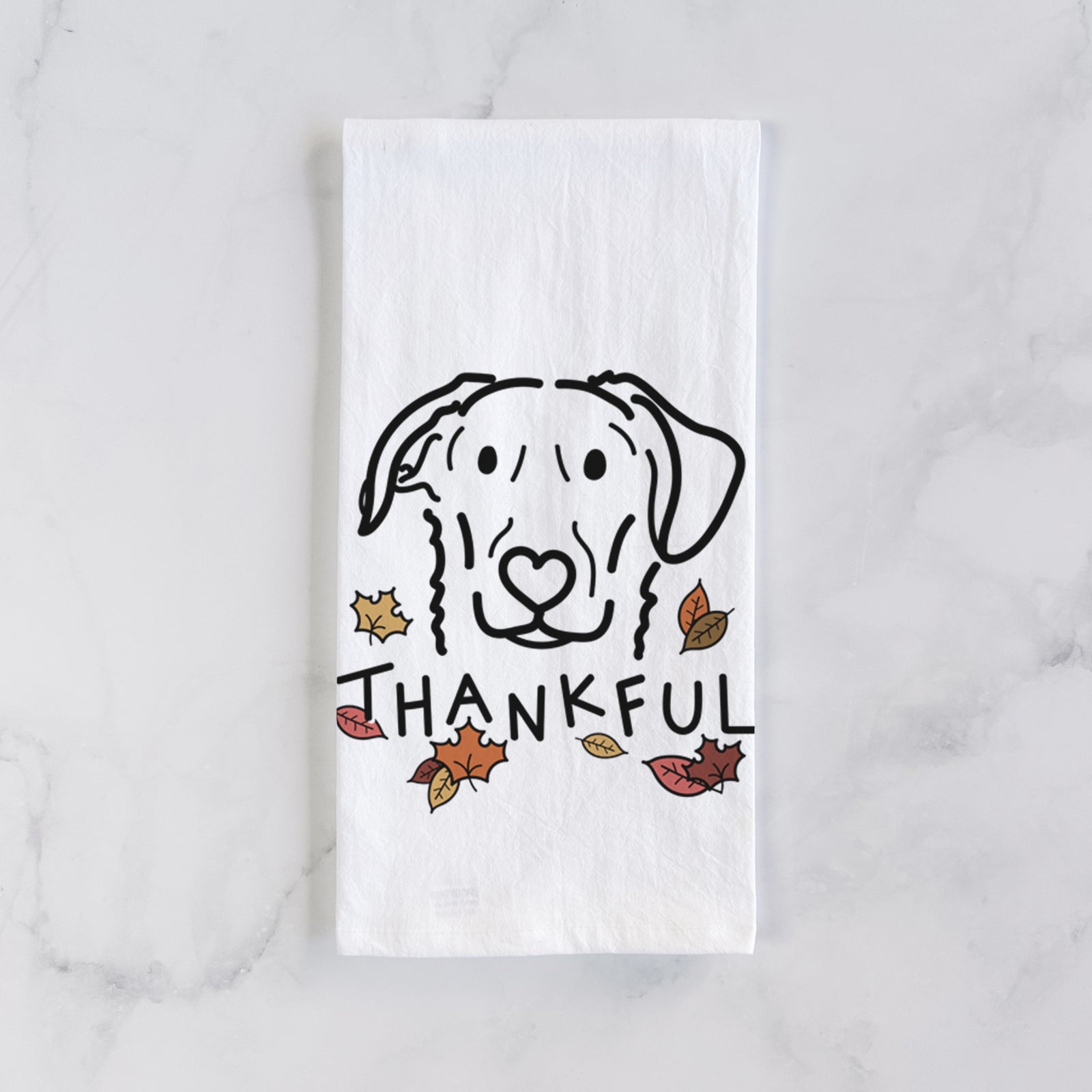 Minimalist line drawing of Morrison the German Shepherd Mix with 'Thankful' lettering on a tea towel