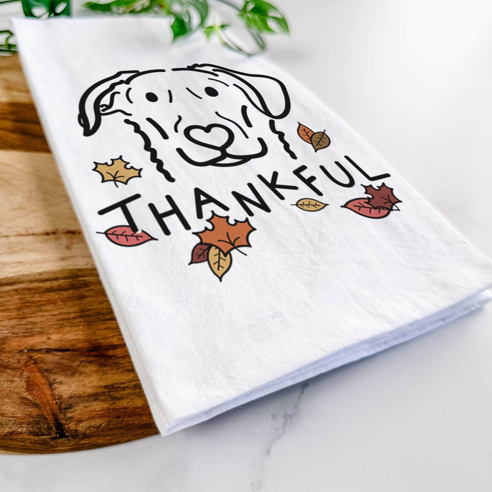 Minimalist line drawing of Morrison the German Shepherd Mix with 'Thankful' lettering on a tea towel