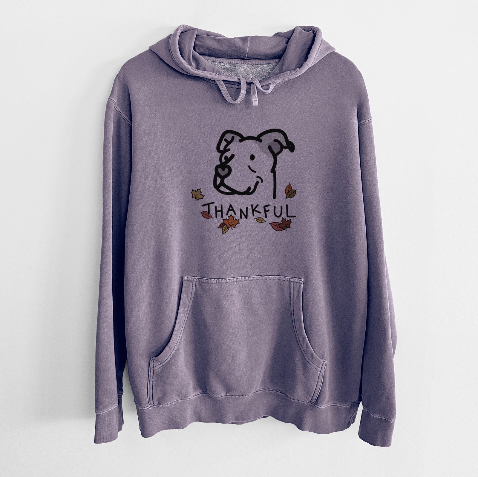 Minimalist line drawing of Mr. Sir the Pitbull Mix with 'Thankful' lettering on a Plum Unisex pigment dyed hoodie