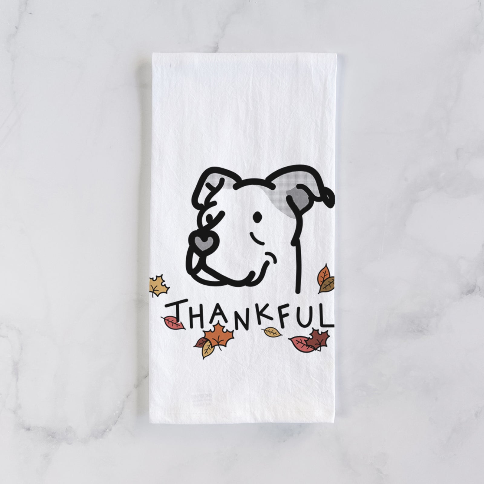 Minimalist line drawing of Mr. Sir the Pitbull Mix with 'Thankful' lettering on a tea towel