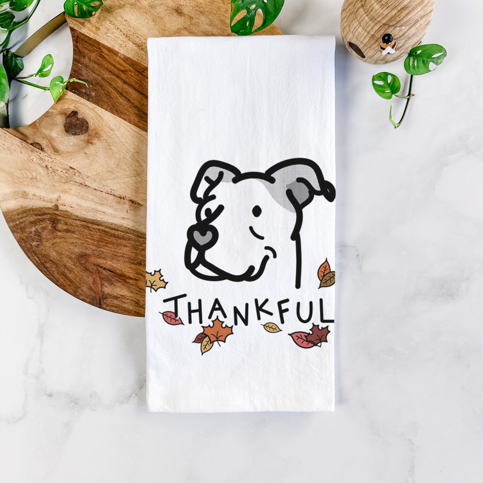 Minimalist line drawing of Mr. Sir the Pitbull Mix with 'Thankful' lettering on a tea towel