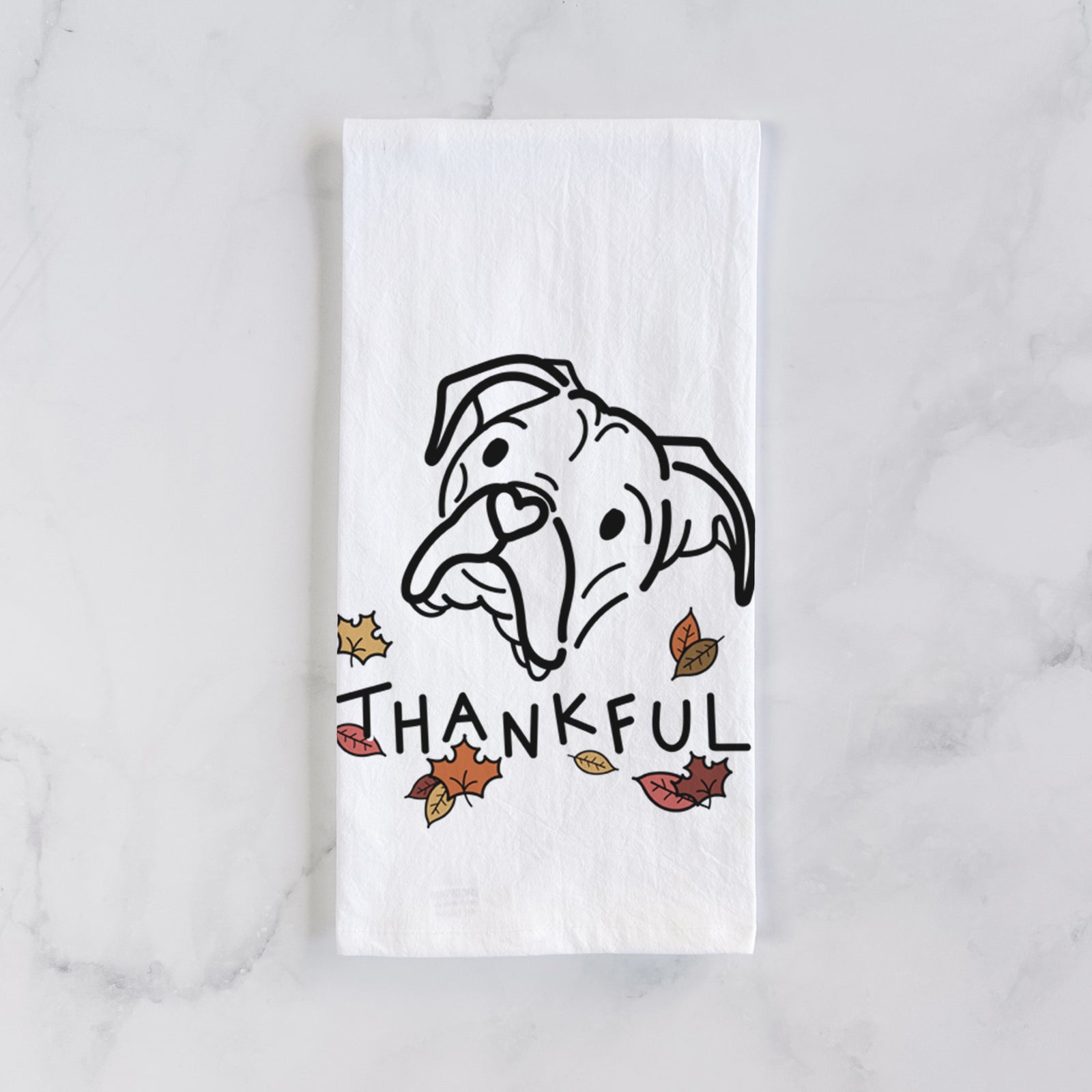 Minimalist line drawing of Noodle the Boxer with 'Thankful' lettering on a tea towel