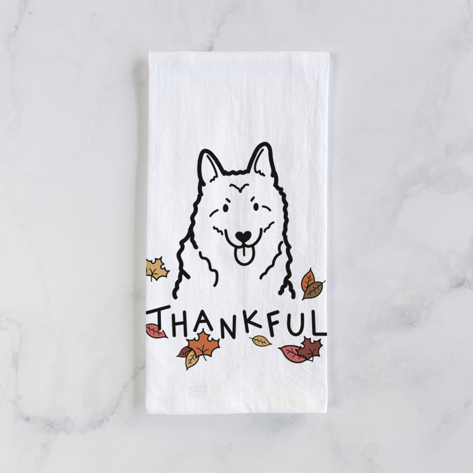 Minimalist line drawing of a Norwegian Elkhound with 'Thankful' lettering on a tea towel