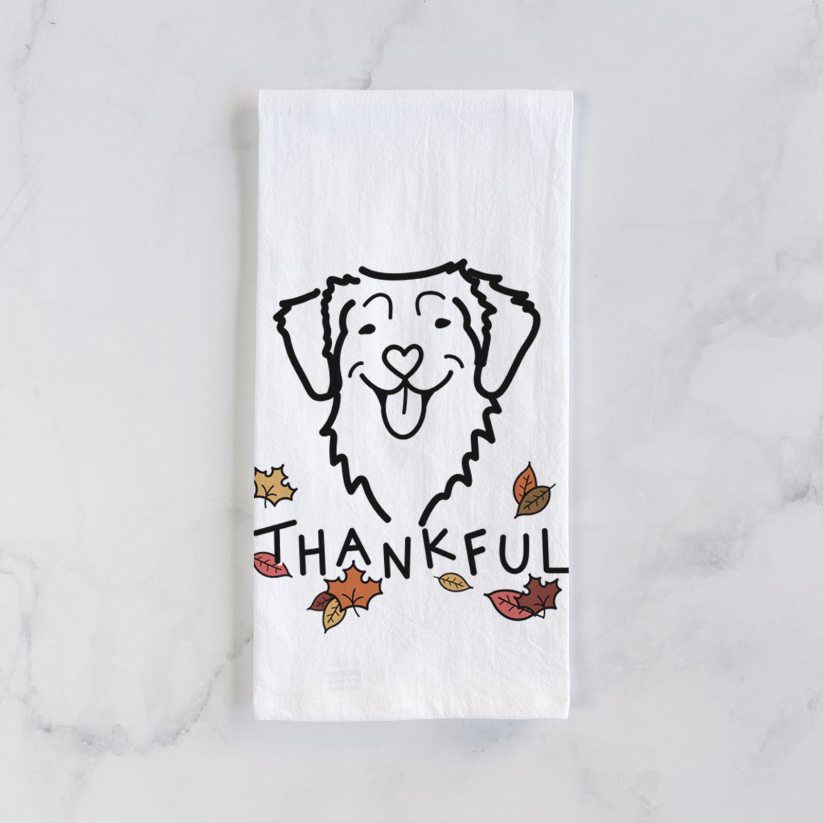 Minimalist line drawing of a Nova Scotia Duck Tolling Retriever with 'Thankful' lettering on a tea towel