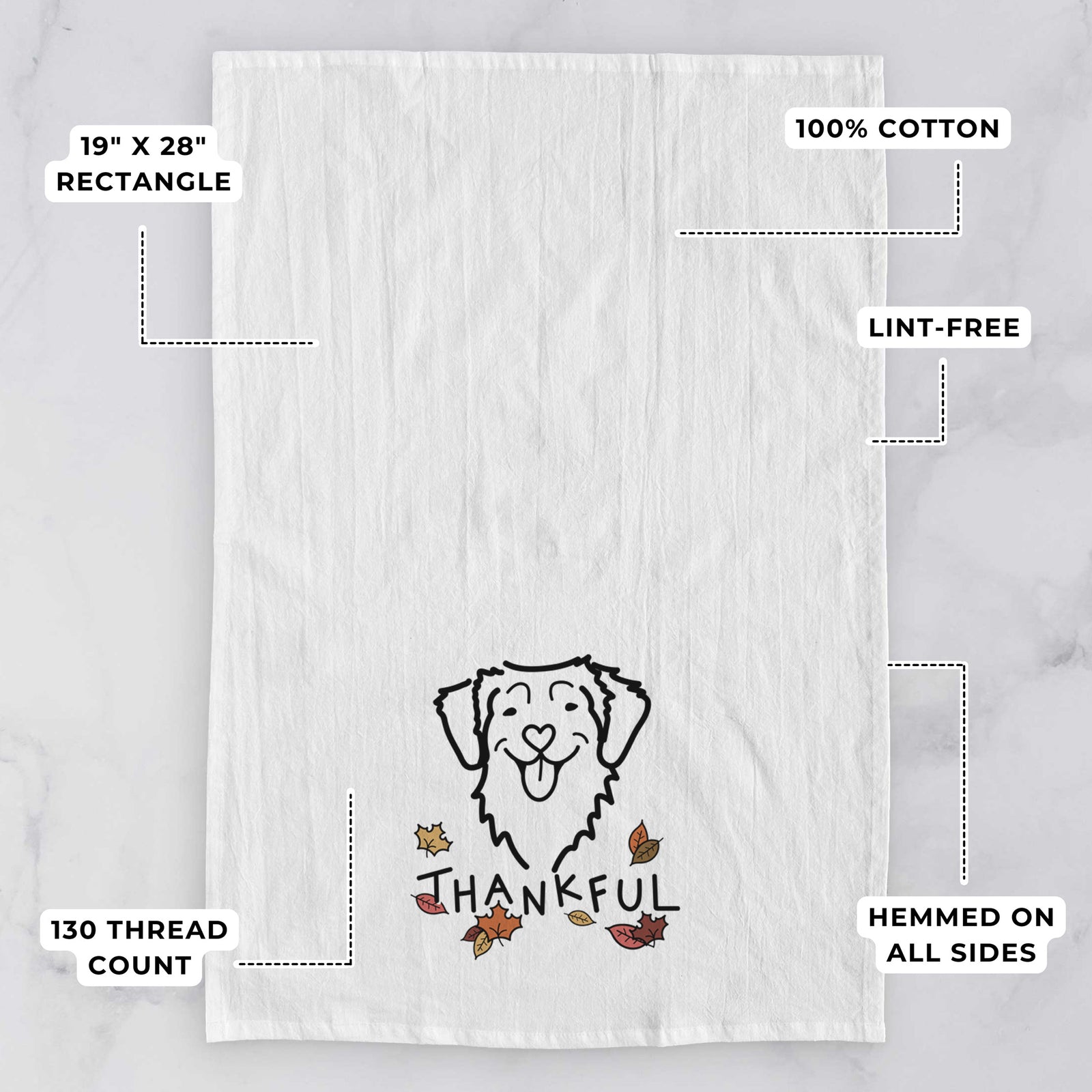 Minimalist line drawing of a Nova Scotia Duck Tolling Retriever with 'Thankful' lettering on a tea towel, with feature callouts: 19 x 28 inch rectangle, 100% cotton, lint-free, 120 thread count, hemmed on all sides