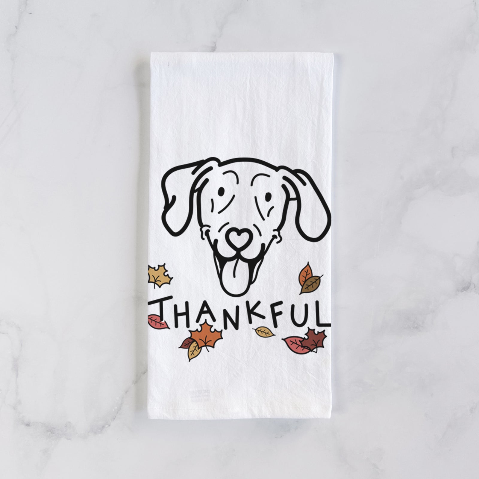 Minimalist line drawing of Paco Lobo the Weimaraner with 'Thankful' lettering on a tea towel