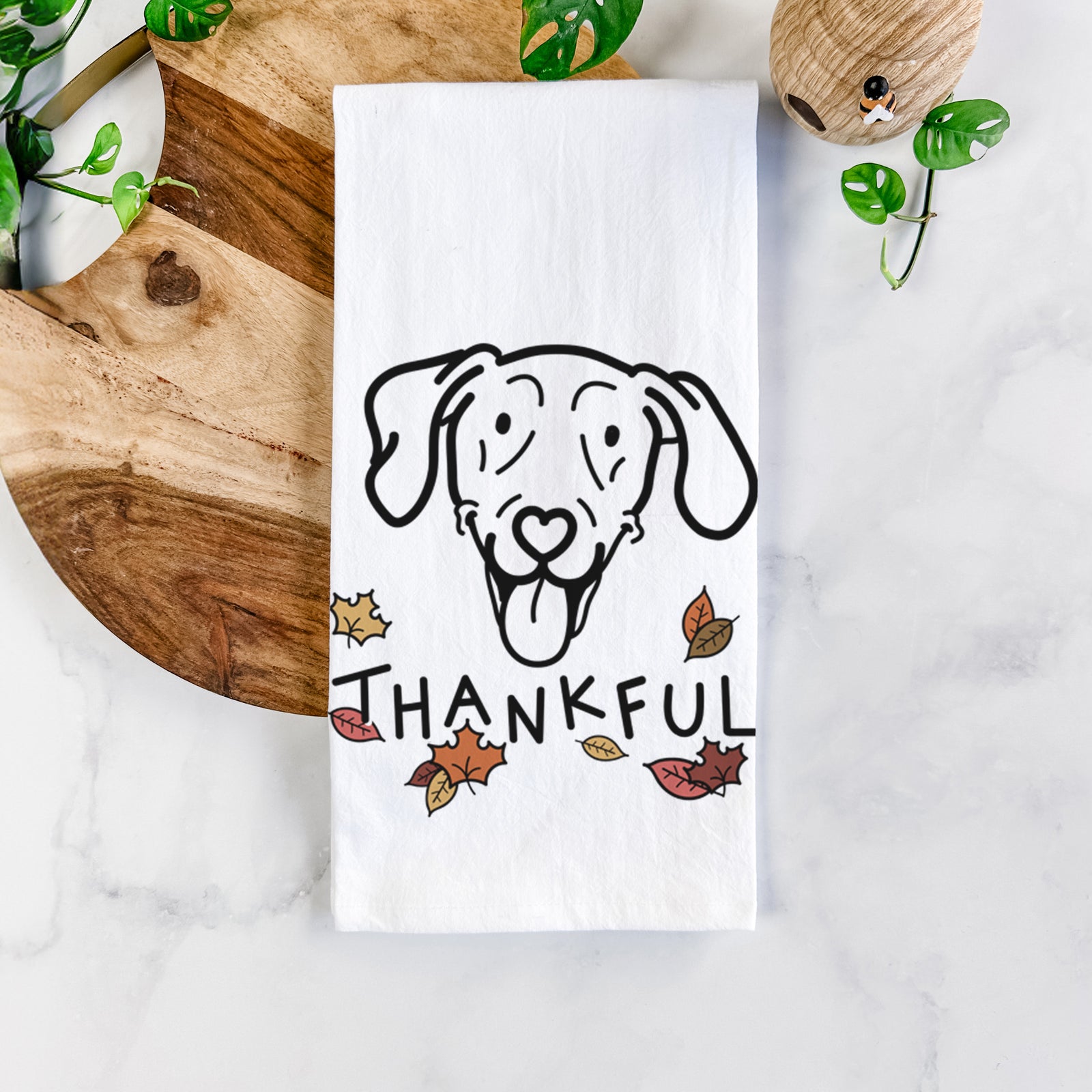 Minimalist line drawing of Paco Lobo the Weimaraner with 'Thankful' lettering on a tea towel