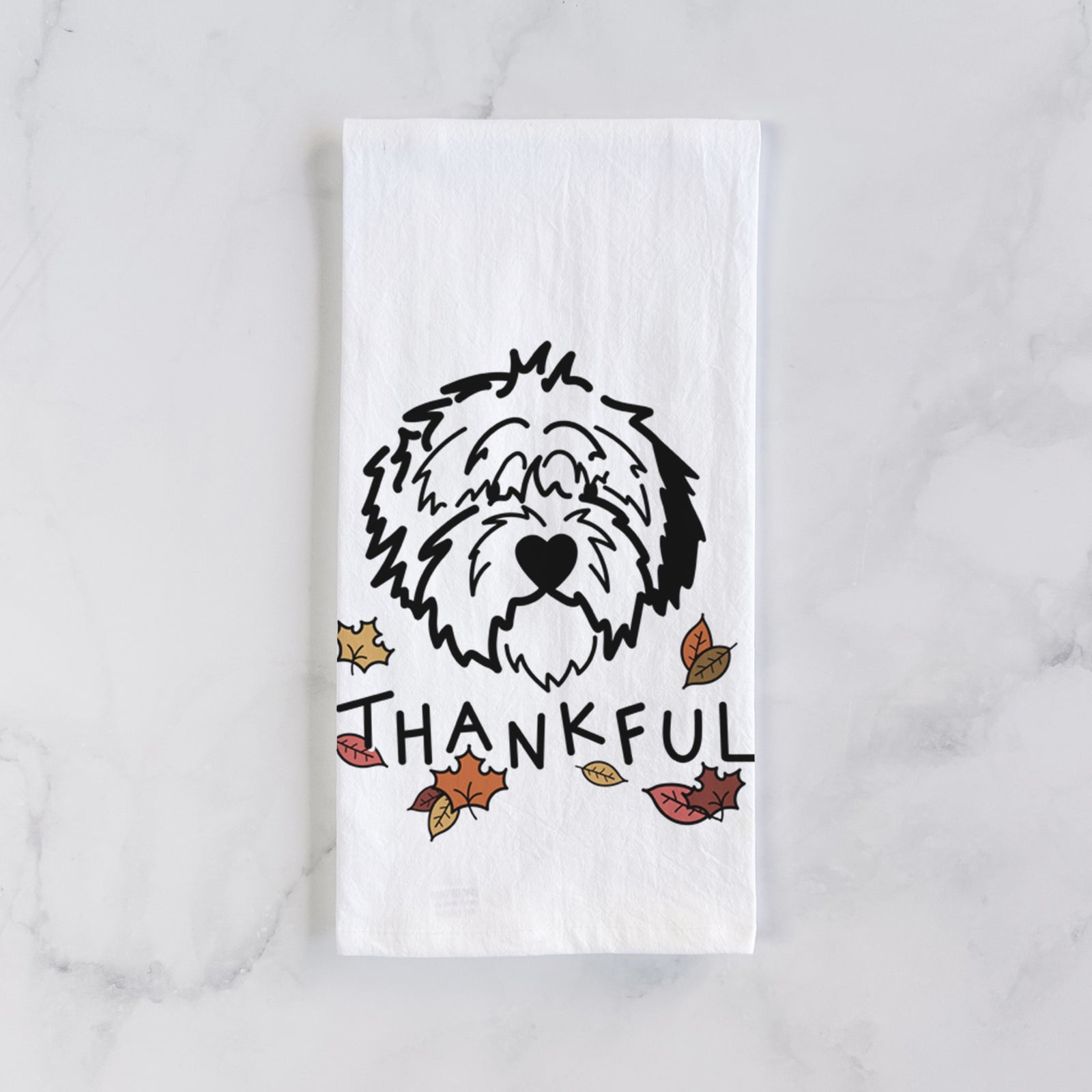 Minimalist line drawing of Penny the Old English Sheepdog with 'Thankful' lettering on a tea towel