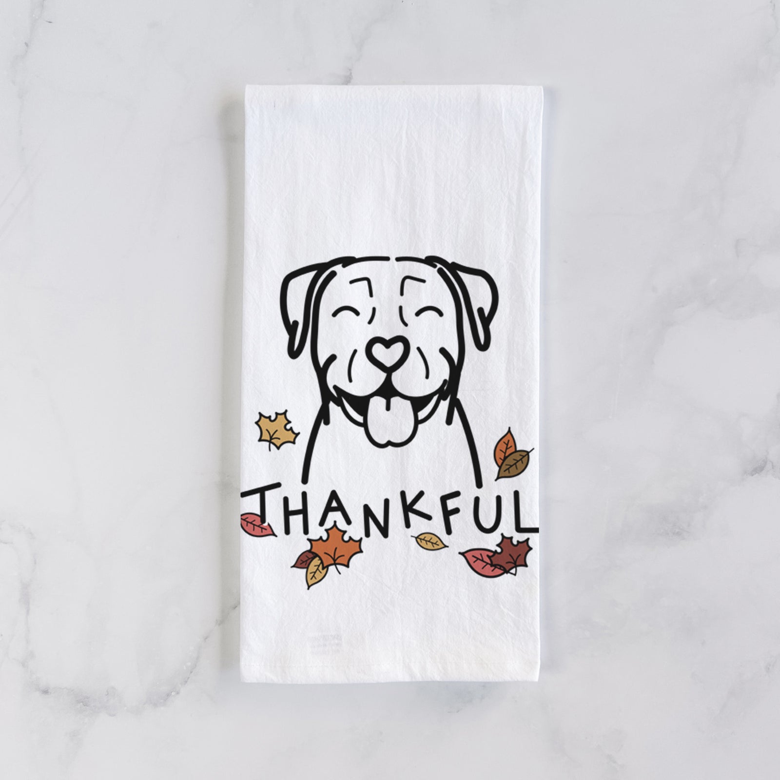 Minimalist line drawing of a Pitbull with 'Thankful' lettering on a tea towel