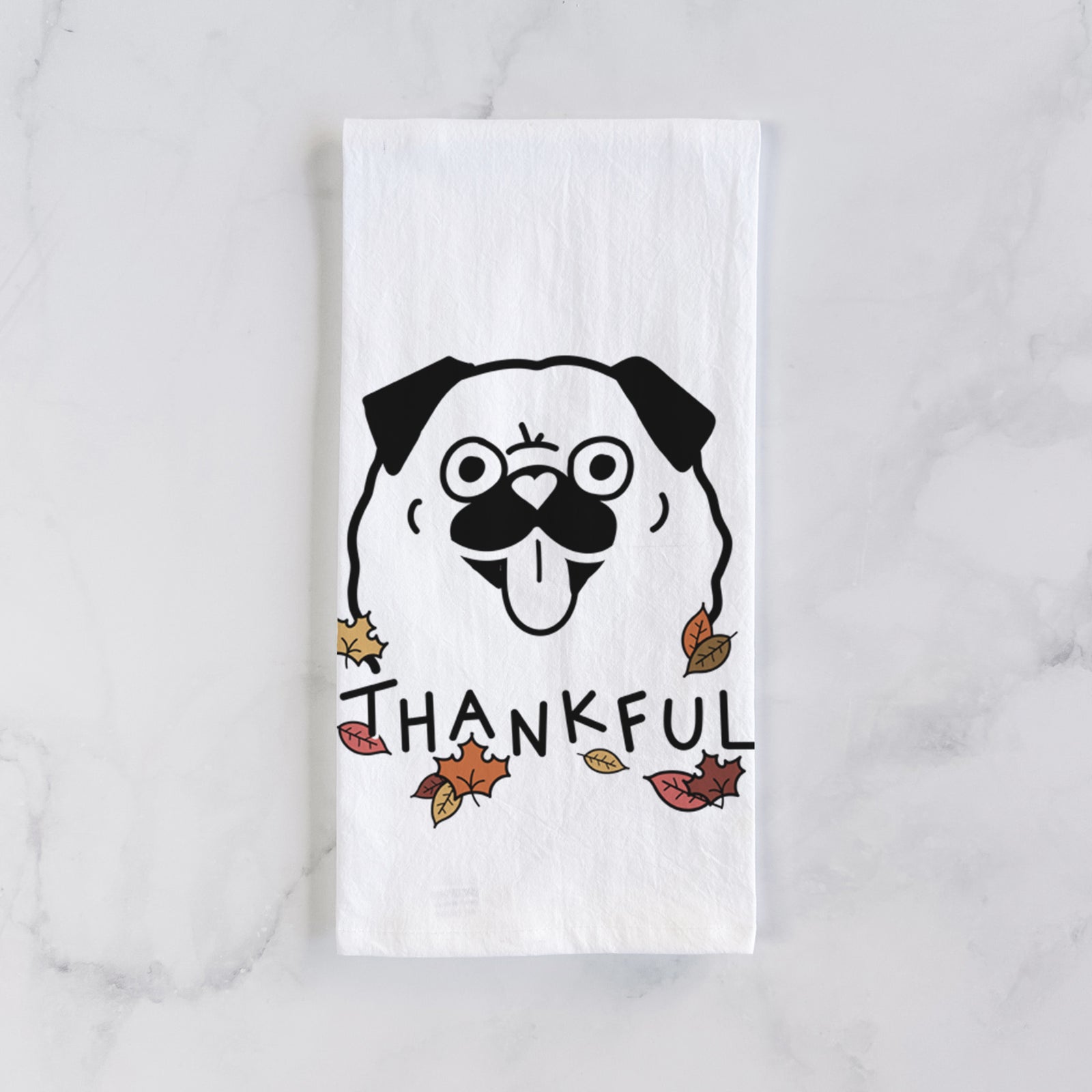 Minimalist line drawing of a Pug with 'Thankful' lettering on a tea towel