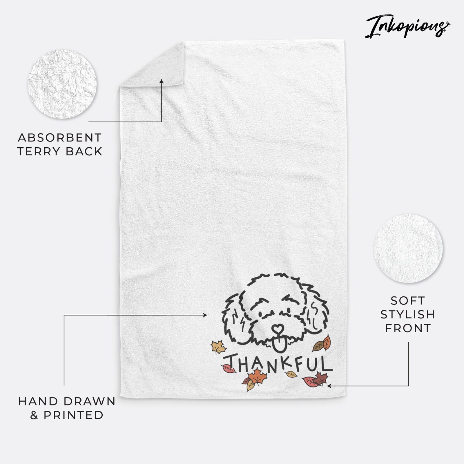 Minimalist line drawing of Ricci the Toy Poodle with 'Thankful' lettering on a hand towel