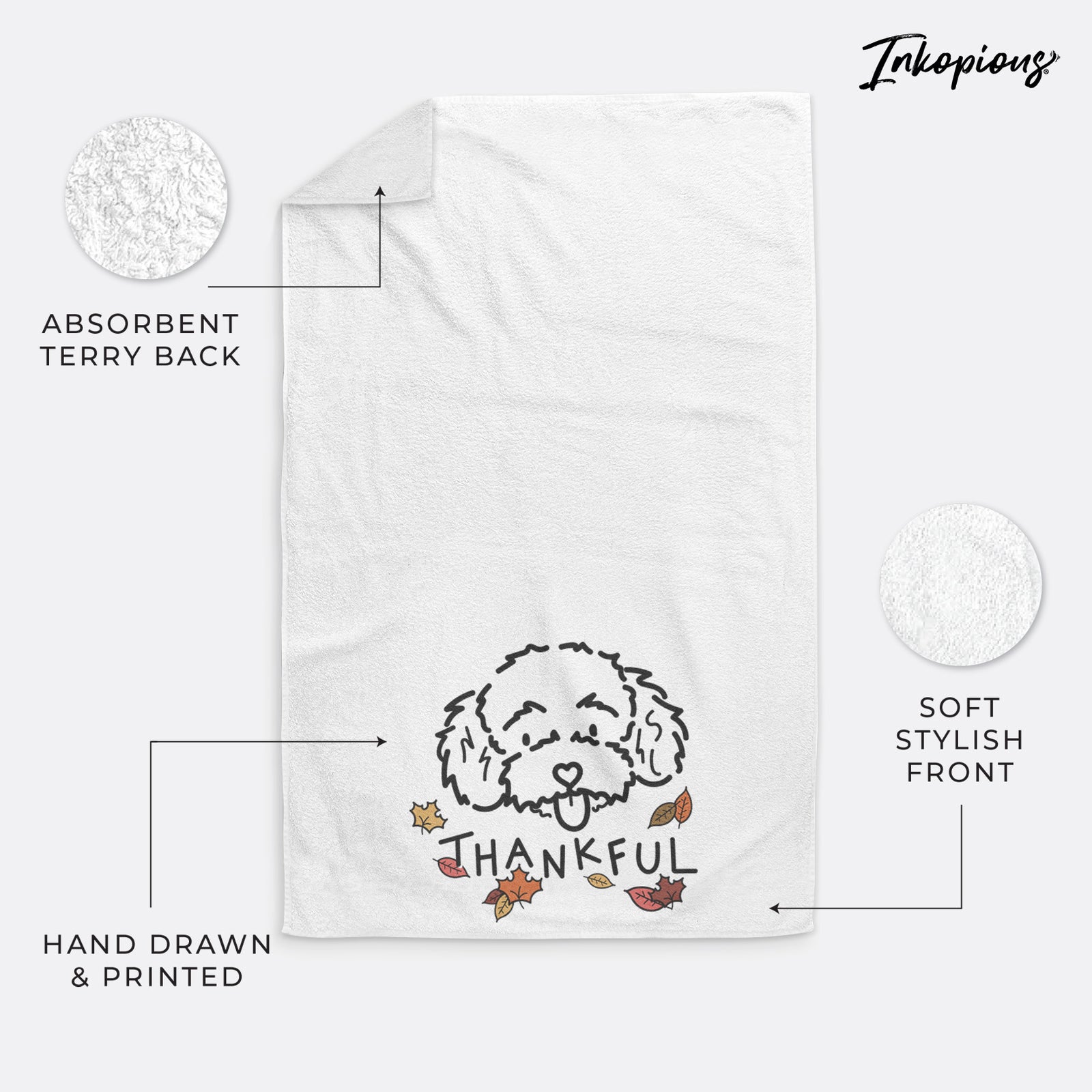 Minimalist line drawing of Ricci the Toy Poodle with 'Thankful' lettering on a hand towel
