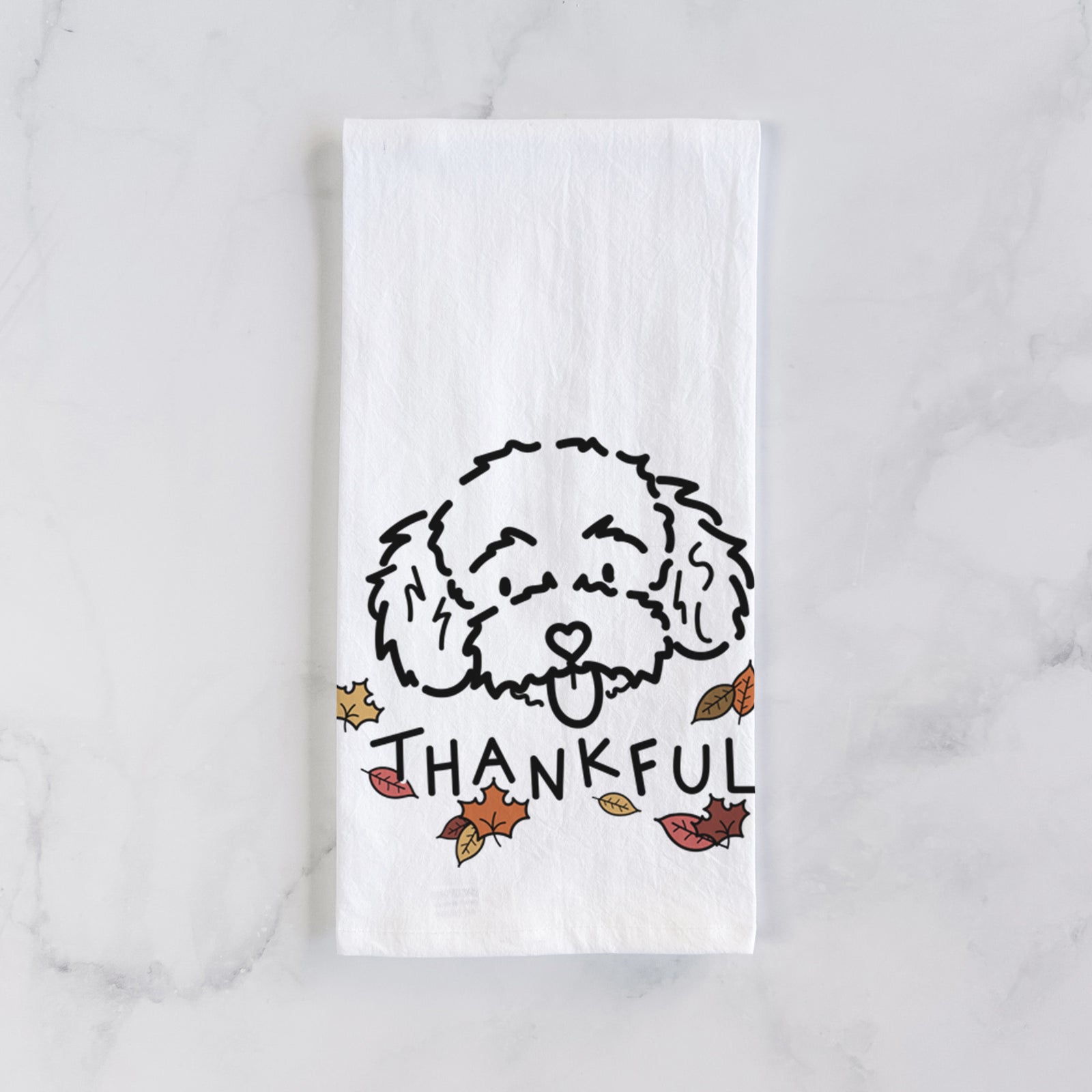 Minimalist line drawing of Ricci the Toy Poodle with 'Thankful' lettering on a tea towel