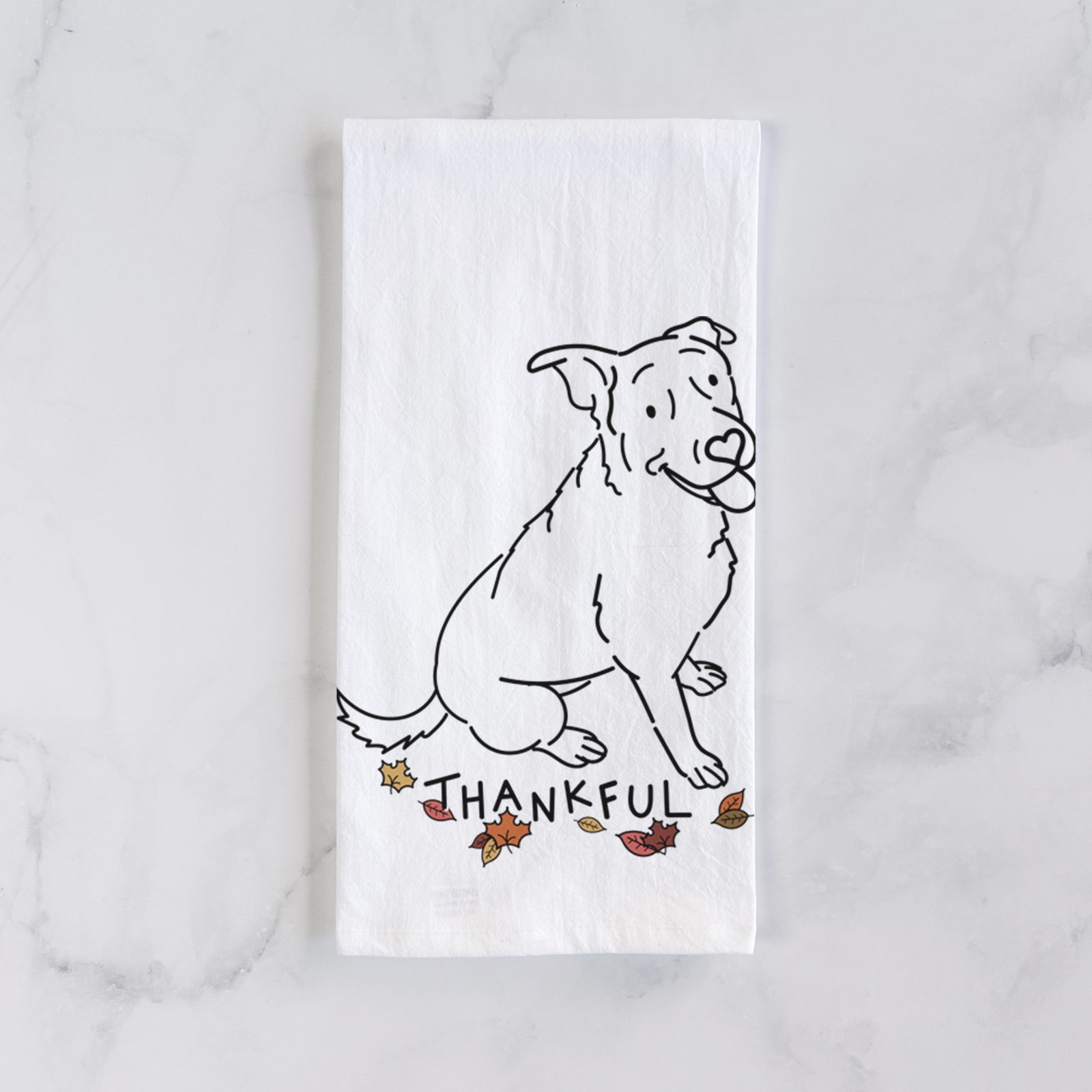 Minimalist line drawing of Rocky the Rottweiler Mix with 'Thankful' lettering on a tea towel
