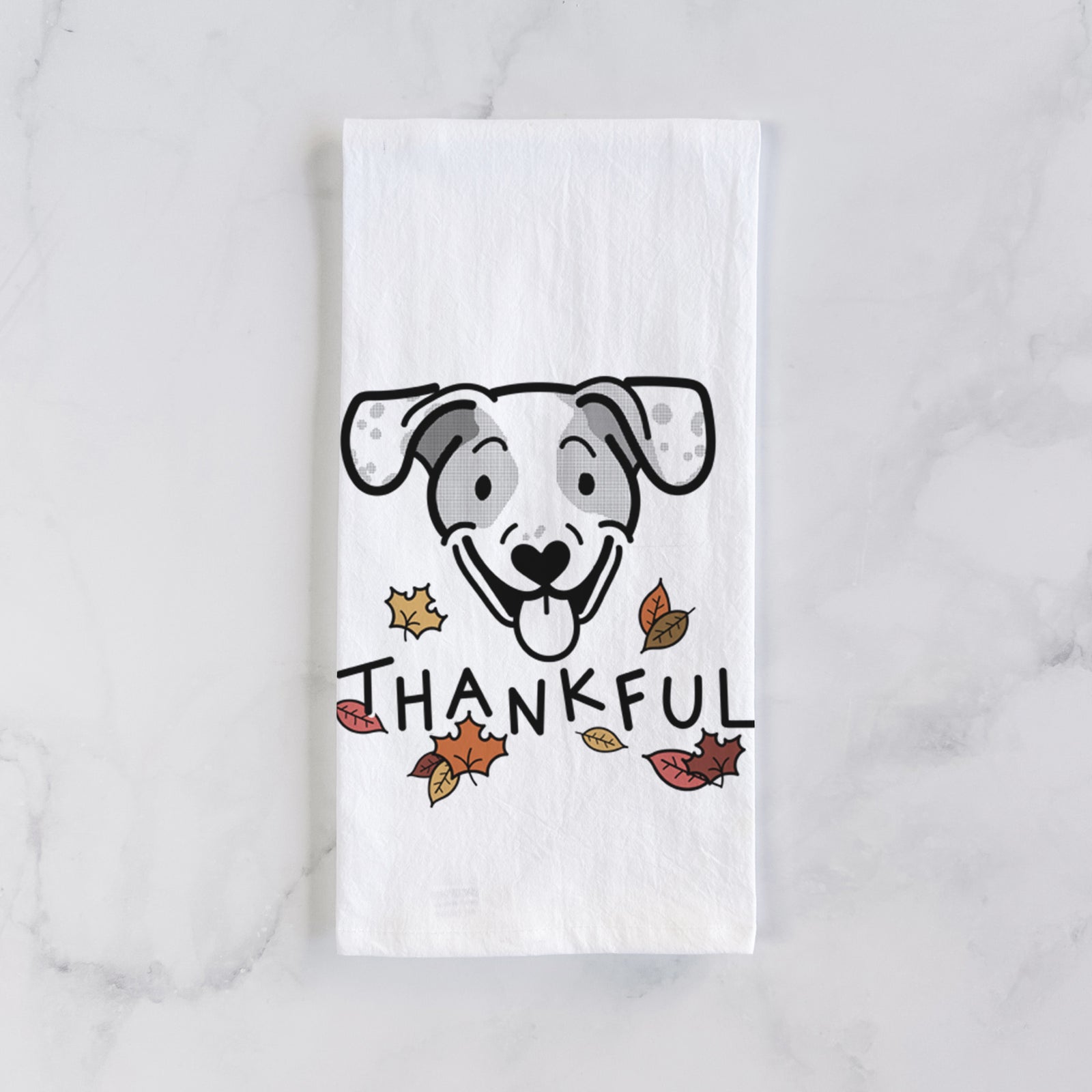 Minimalist line drawing of Roland the Beagle Mix with 'Thankful' lettering on a tea towel