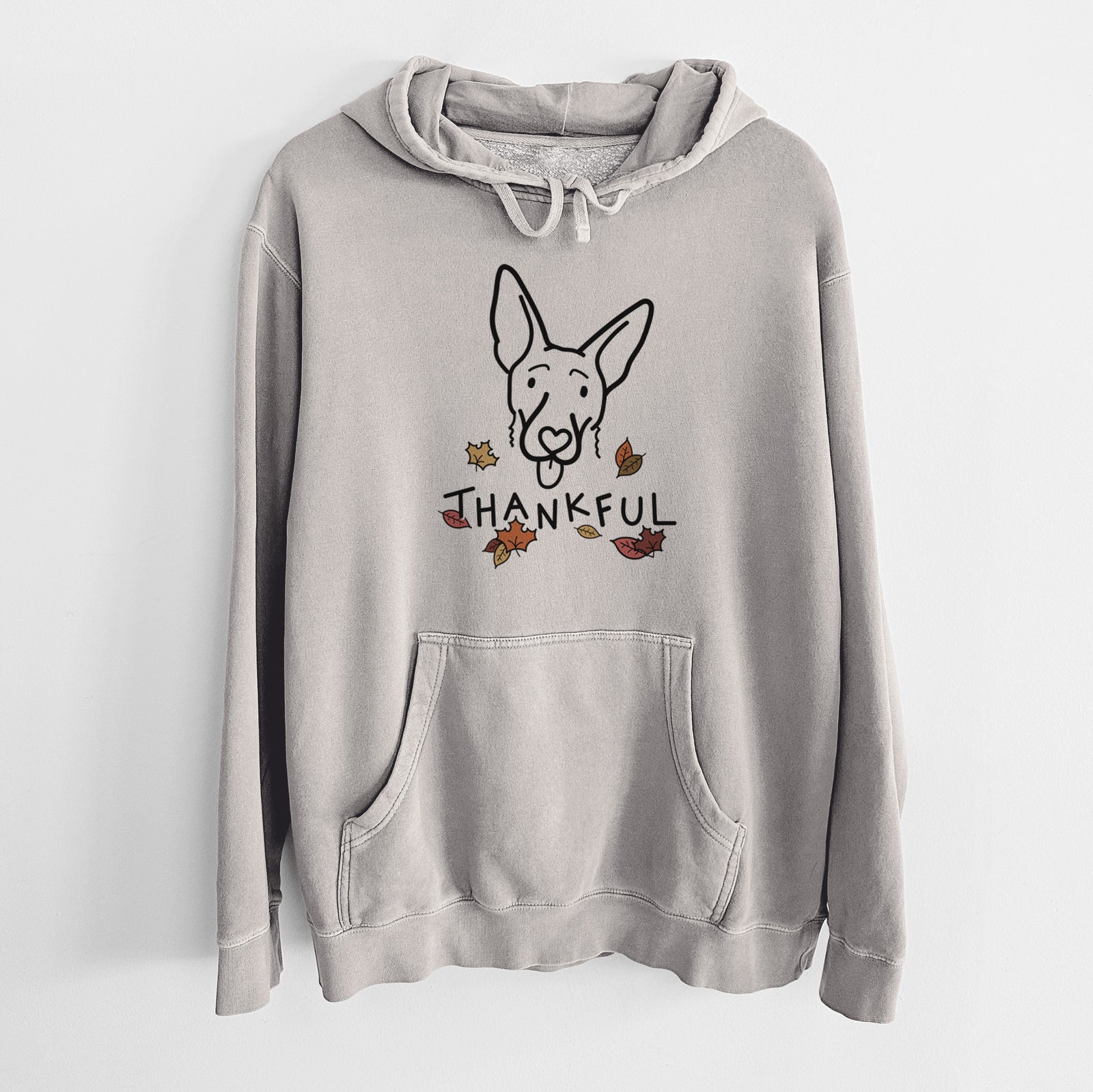 Minimalist line drawing of Rosie the Shepherd Mix with 'Thankful' lettering on a Cement Unisex pigment dyed hoodie