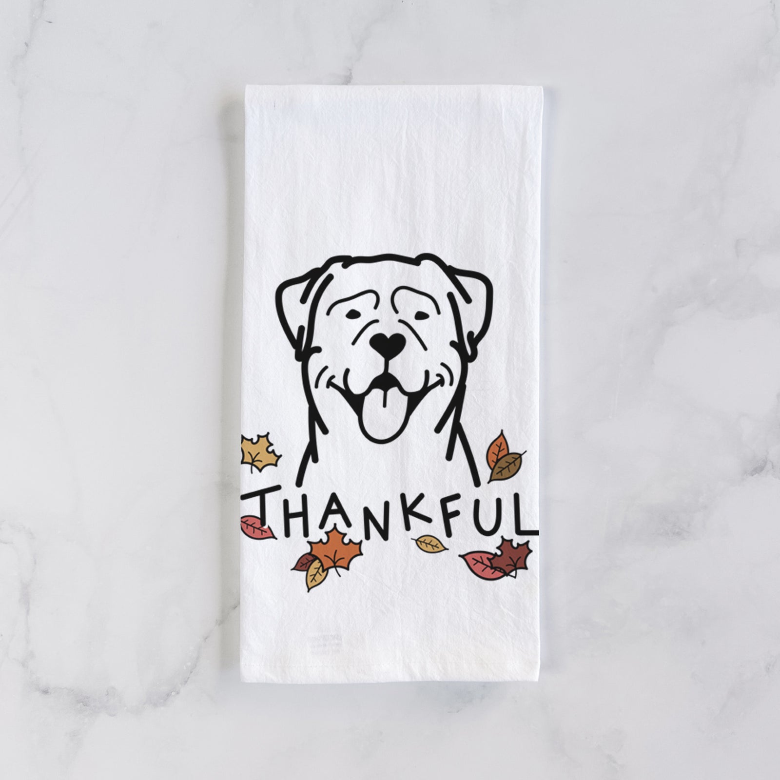 Minimalist line drawing of a Rottweiler with 'Thankful' lettering on a tea towel