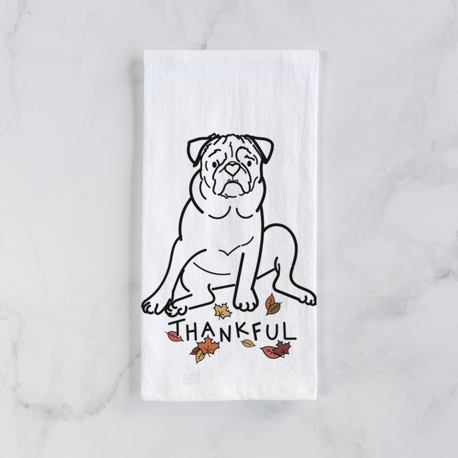 Minimalist line drawing of Rudy the Pug with 'Thankful' lettering on a tea towel