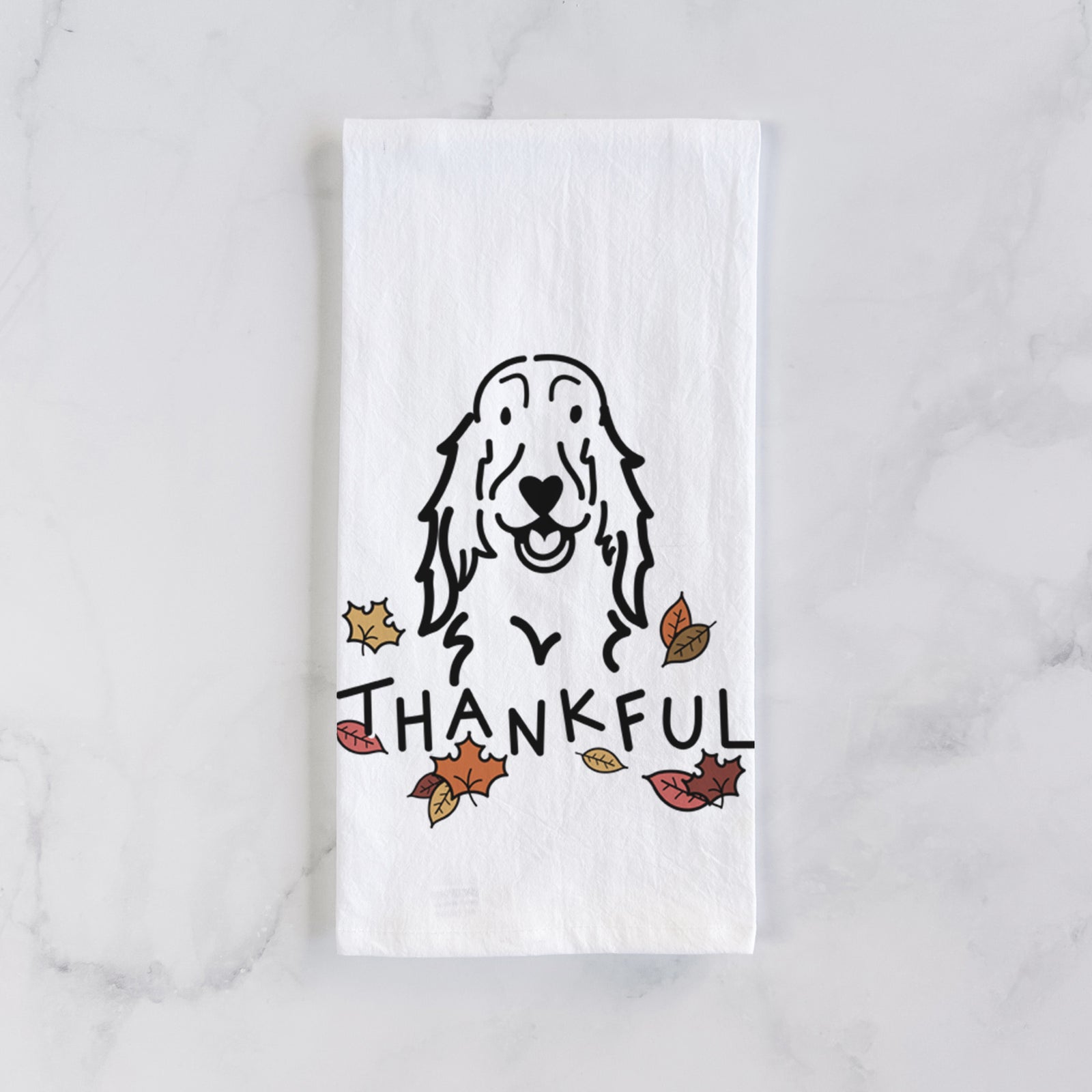 Minimalist line drawing of a Setter with 'Thankful' lettering on a tea towel