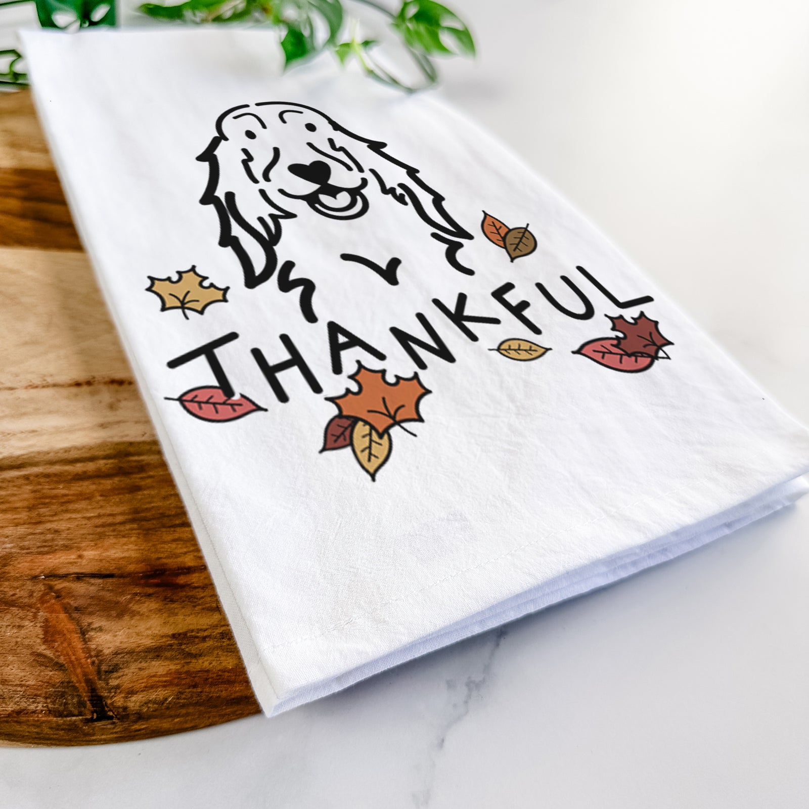 Minimalist line drawing of a Setter with 'Thankful' lettering on a tea towel