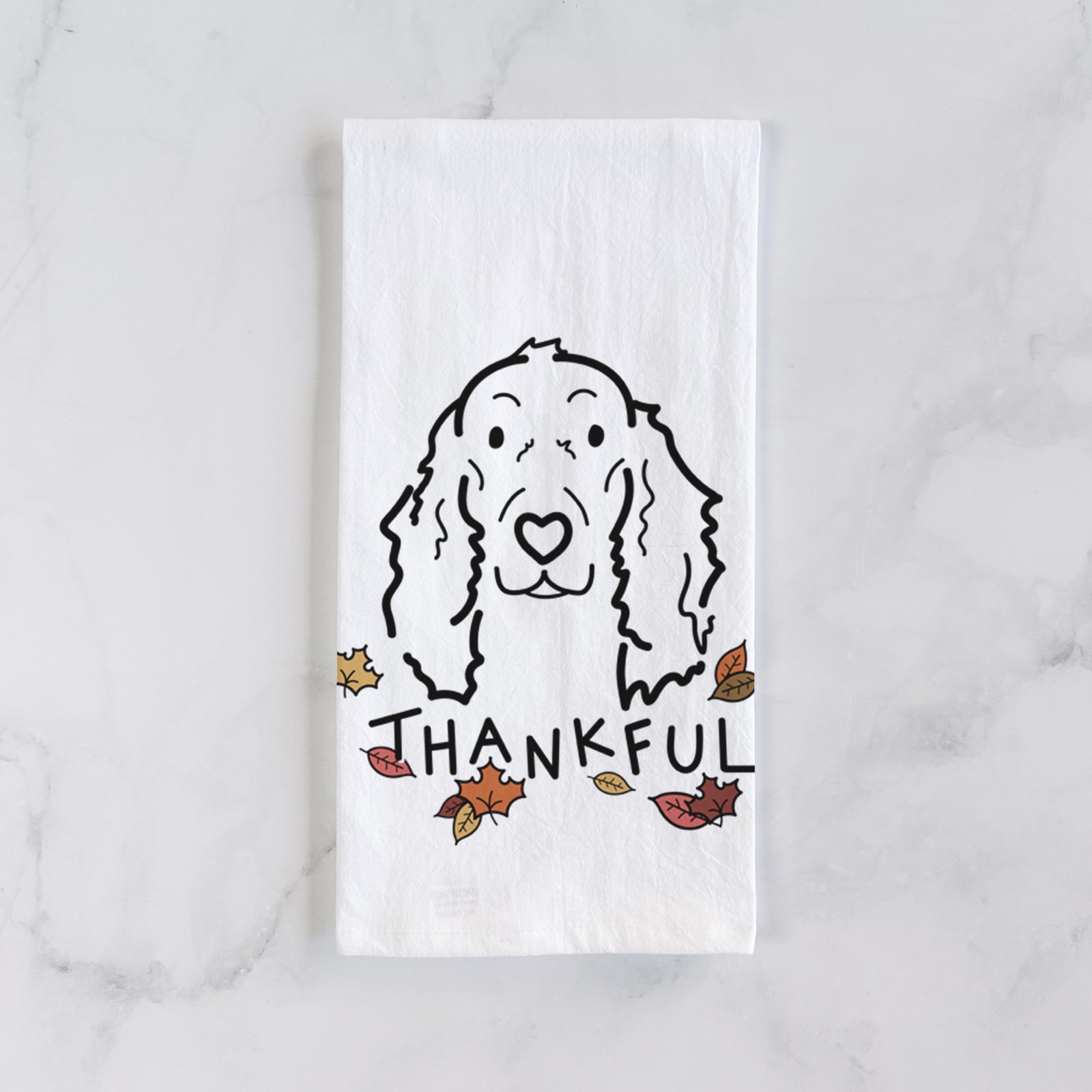 Minimalist line drawing of Seven the Irish Setter with 'Thankful' lettering on a tea towel