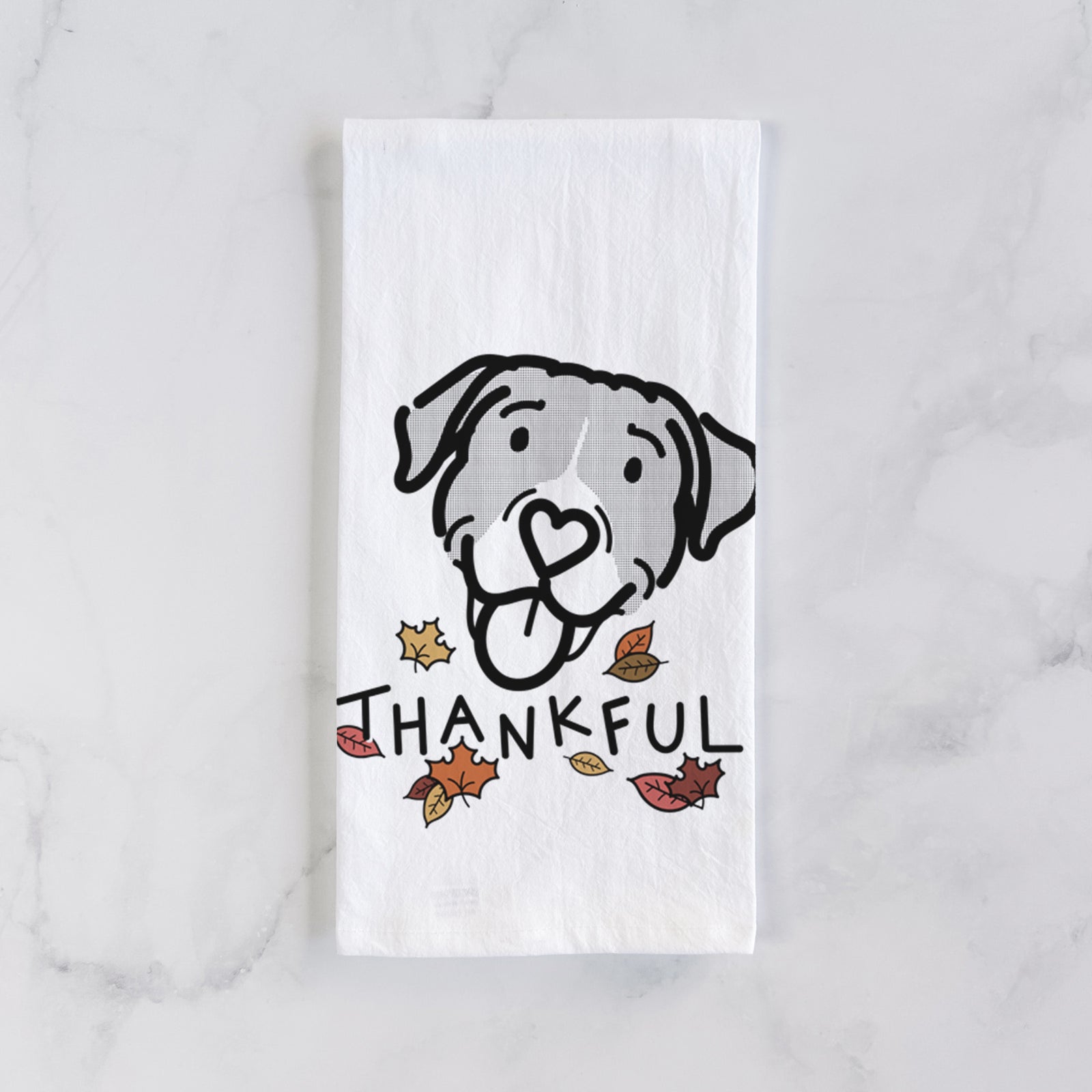 Minimalist line drawing of Shadow the Pitbull Mix with 'Thankful' lettering on a tea towel