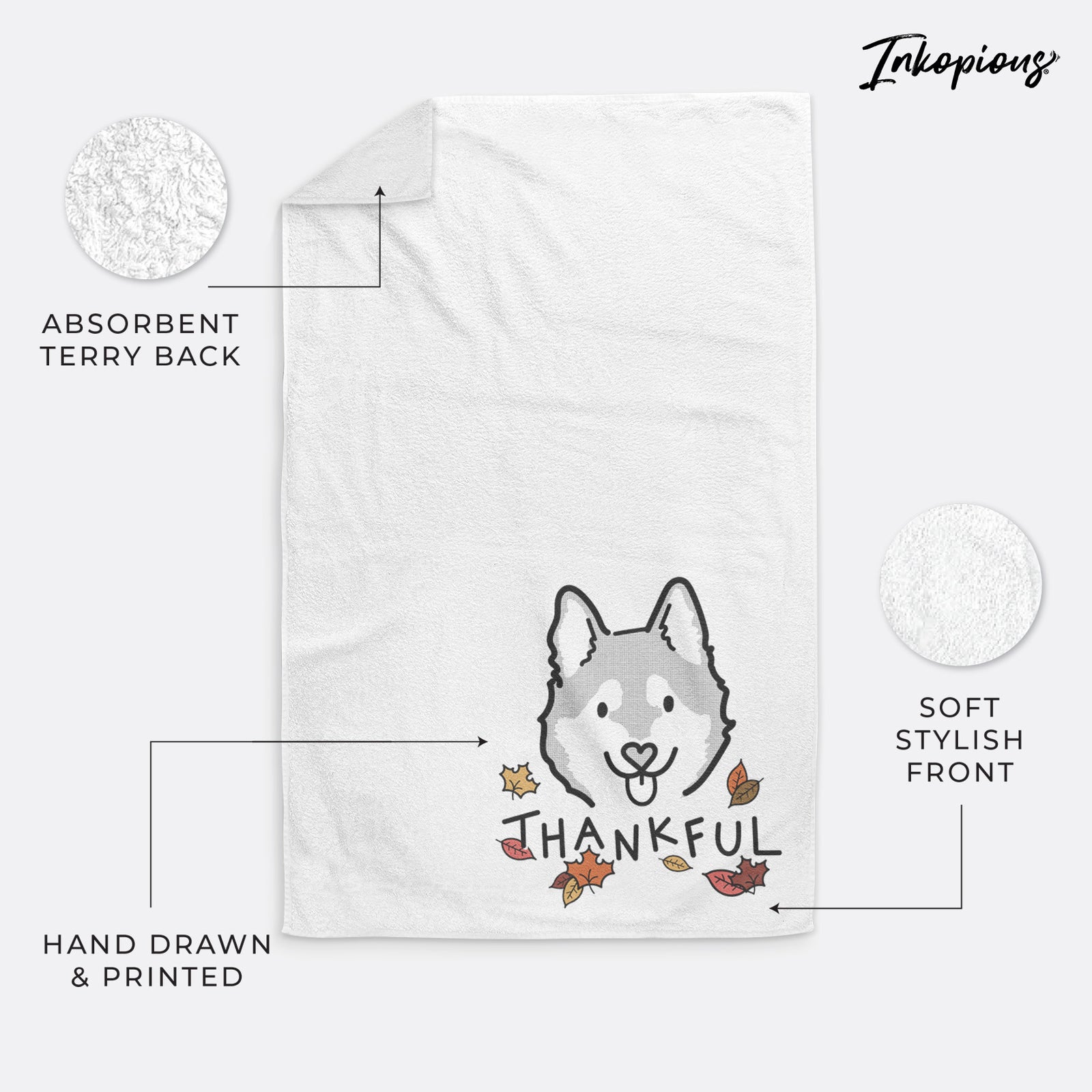 Minimalist line drawing of Sitka the Alaskan Klee Kai with 'Thankful' lettering on a decorative hand towel
