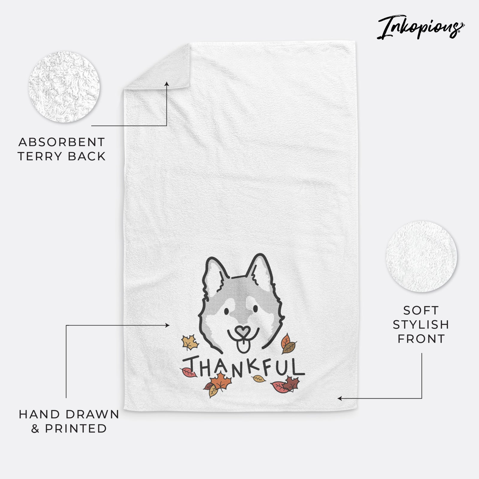Minimalist line drawing of Sitka the Alaskan Klee Kai with 'Thankful' lettering on a decorative hand towel