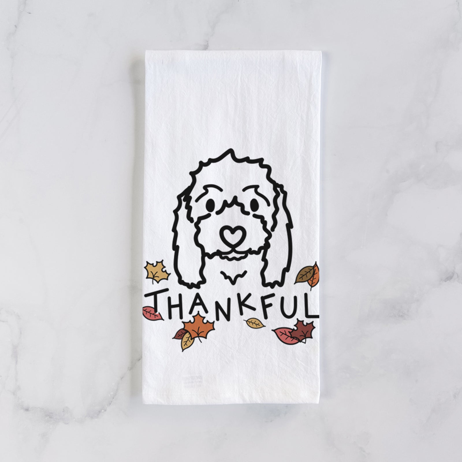 Minimalist line drawing of Sophie the Coton de Tulear with 'Thankful' lettering on a tea towel