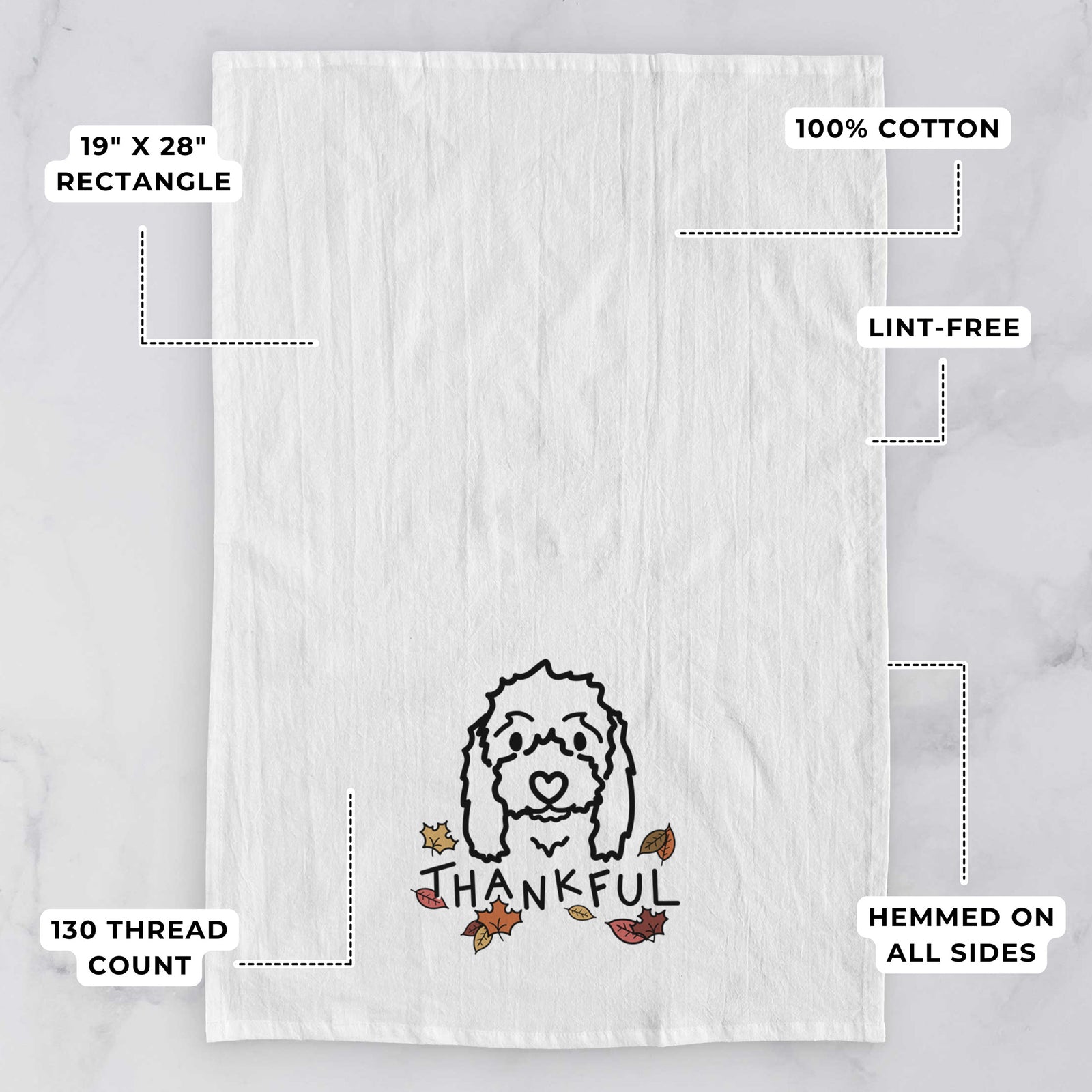 Minimalist line drawing of Sophie the Coton de Tulear with 'Thankful' lettering on a tea towel, with feature callouts: 19 x 28 inch rectangle, 100% cotton, lint-free, 120 thread count, hemmed on all sides